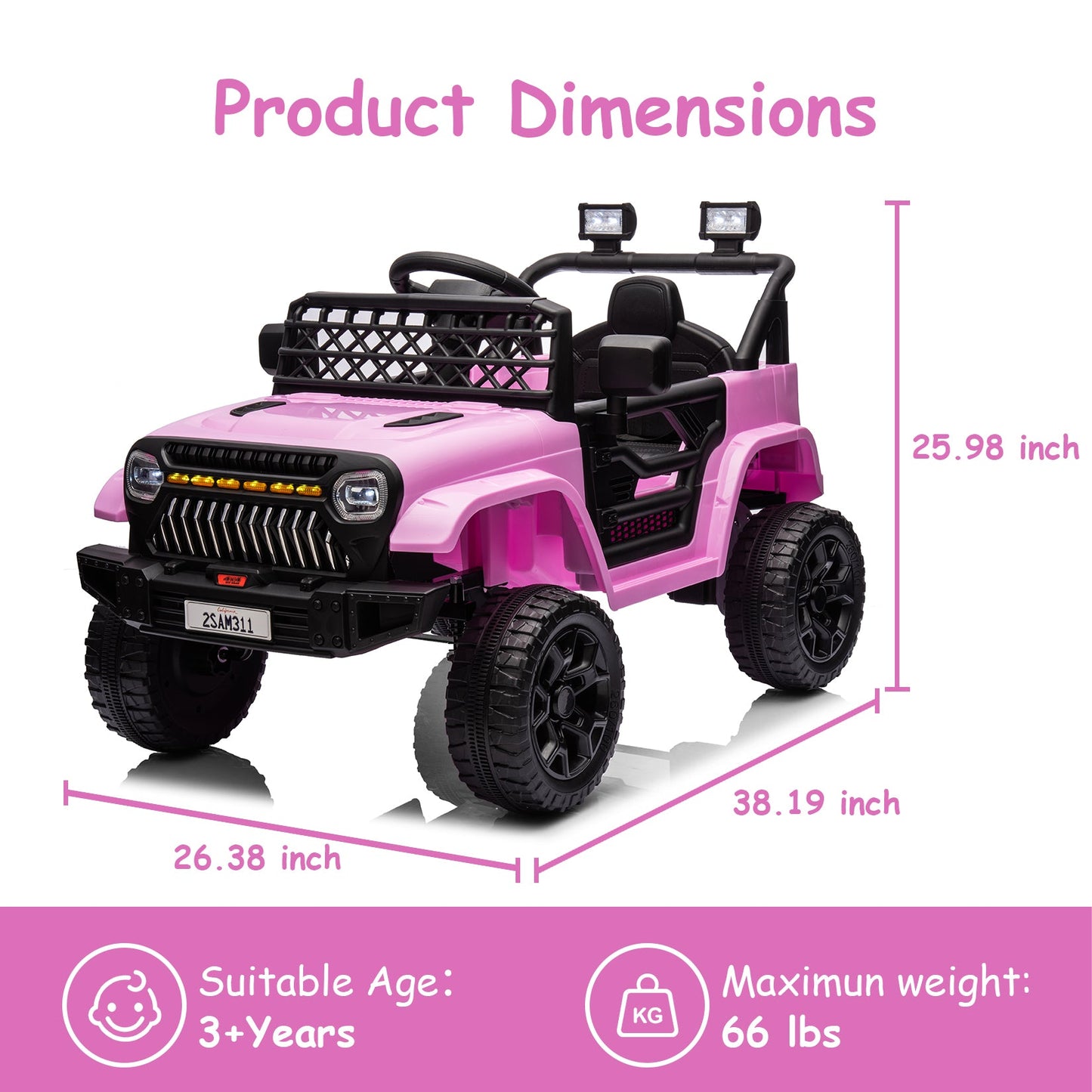 Garvee Ride - P Series: 12V Kids Ride On Truck for Toddles age 3+,with 2.4G Remote Control, Spring Suspension, Battery Display, LED Lights, Music, Battery Powered Ride on Car - Pink