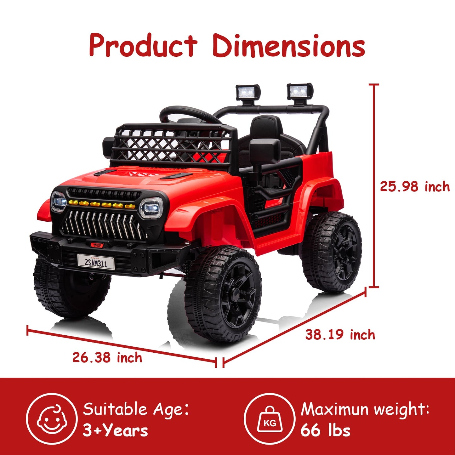 Garvee Ride - P Series: 12V Kids Ride On Truck for Toddles age 3+,with 2.4G Remote Control, Spring Suspension, Battery Display, LED Lights, Music, Battery Powered Ride on Car - Red