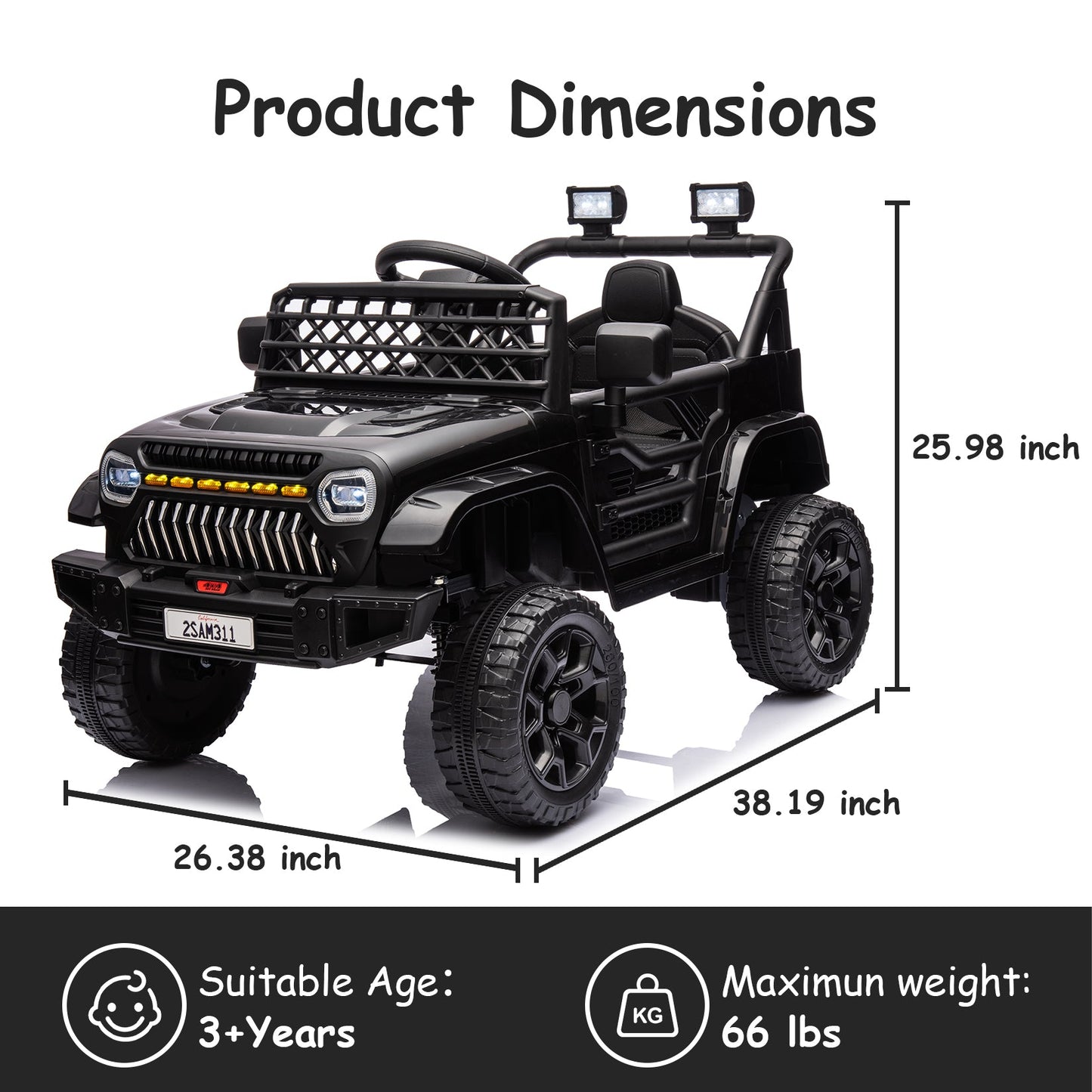 Garvee Ride - P Series: 12V Kids Ride On Truck for Toddles age 3+,with 2.4G Remote Control, Spring Suspension, Battery Display, LED Lights, Music, Battery Powered Ride on Car - Black