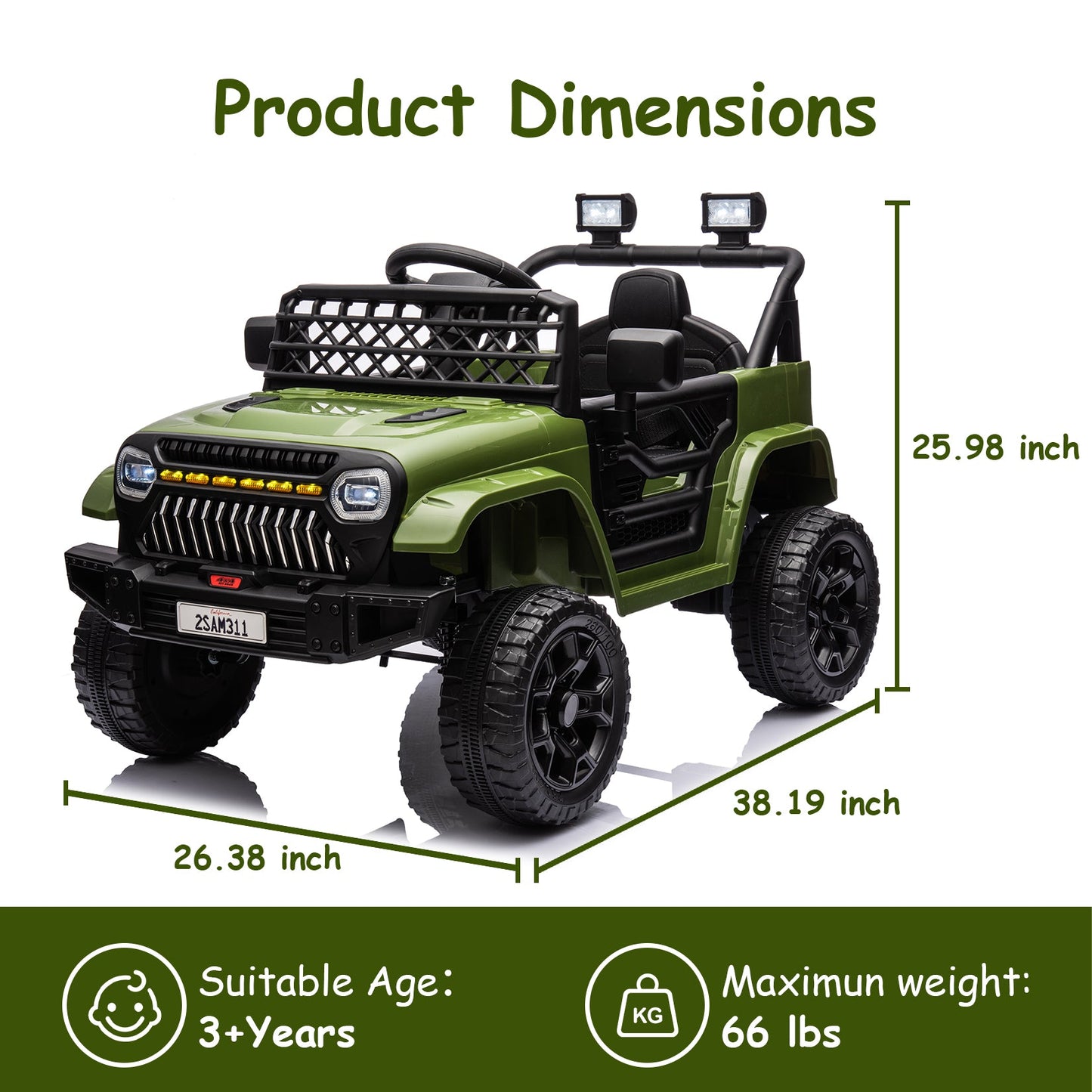 Garvee Ride - P Series: 12V Kids Ride On Truck for Toddles age 3+,with 2.4G Remote Control, Spring Suspension, Battery Display, LED Lights, Music, Battery Powered Ride on Car - Army Green