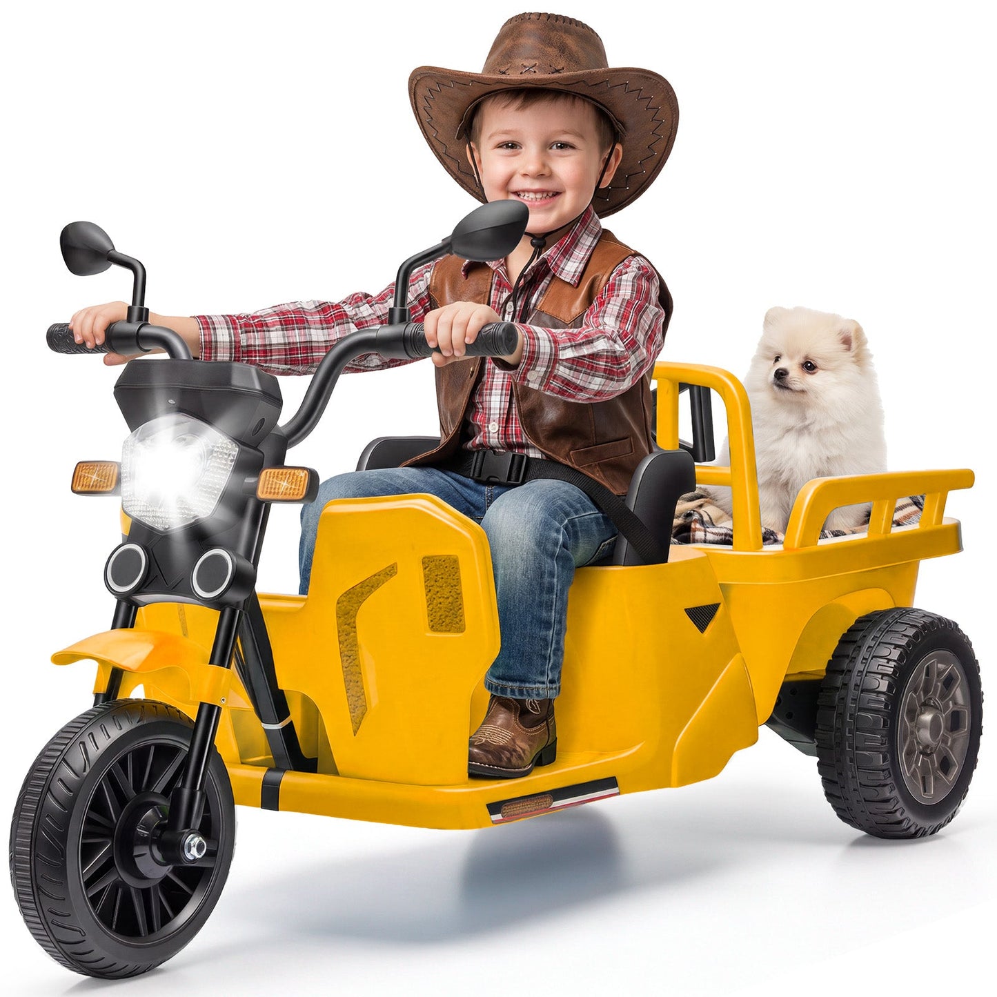 Garvee Ride P Series 3-Wheels Electric Tricycle w/Trailer, 12V Battery Powered Kids Motorcycle with Sand Shovel, 2x55W Motors, Bluetooth, Music, Headlight, Ride on Motorcycle for Kids Toddlers, Gift for Boys Girls, Yellow