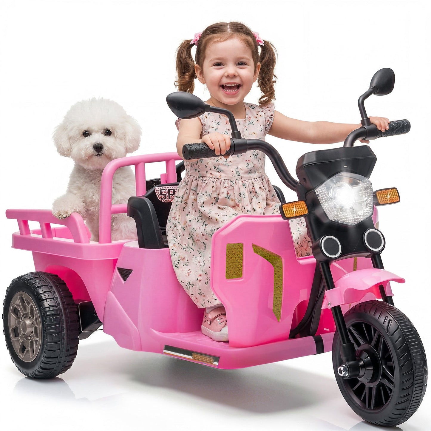 Garvee Ride P Series 3-Wheels Electric Tricycle w/Trailer, 12V Battery Powered Kids Motorcycle with Sand Shovel, 2x55W Motors, Bluetooth, Music, Headlight, Ride on Motorcycle for Kids Toddlers, Gift for Boys Girls, Pink