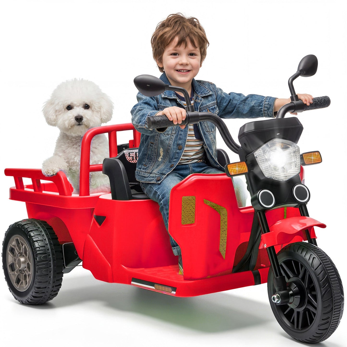 Garvee Ride P Series 3-Wheels Electric Tricycle w/Trailer, 12V Battery Powered Kids Motorcycle with Sand Shovel, 2x55W Motors, Bluetooth, Music, Headlight, Ride on Motorcycle for Kids Toddlers, Gift for Boys Girls, Red