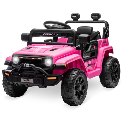 Garvee Ride - P Series: 12V Ride On Toy w/Parent Remote Control, Steering Wheel Music, 4-Wheel Spring Suspension, Led Lights, 2 Speeds, Kids Electric Vehicles for Age 3-5, Pink