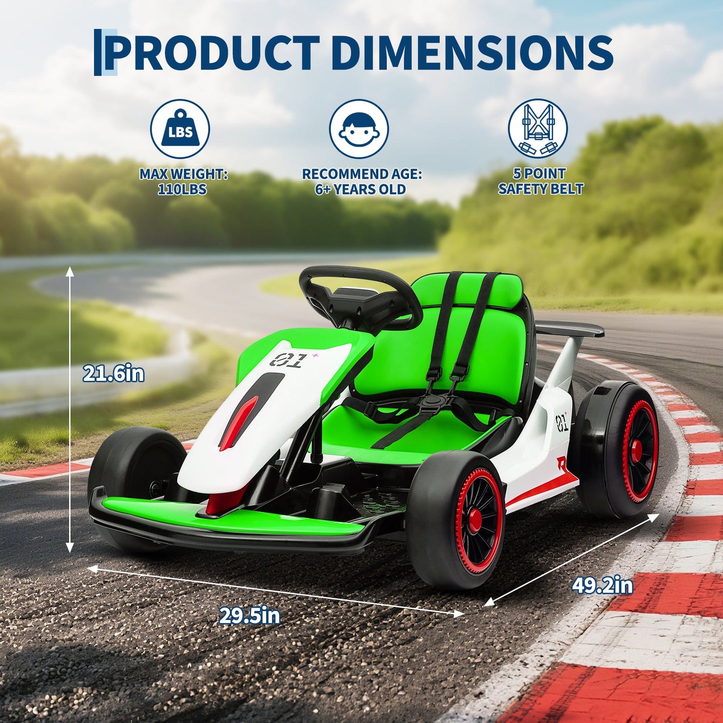 Garvee Ride - G Series: 6+,24V Drift Kart with 2X200W Strong Motor, 7AH Big Battery, Electric Pedals, Electric Go Kart Outdoor Race Toy - Green & White