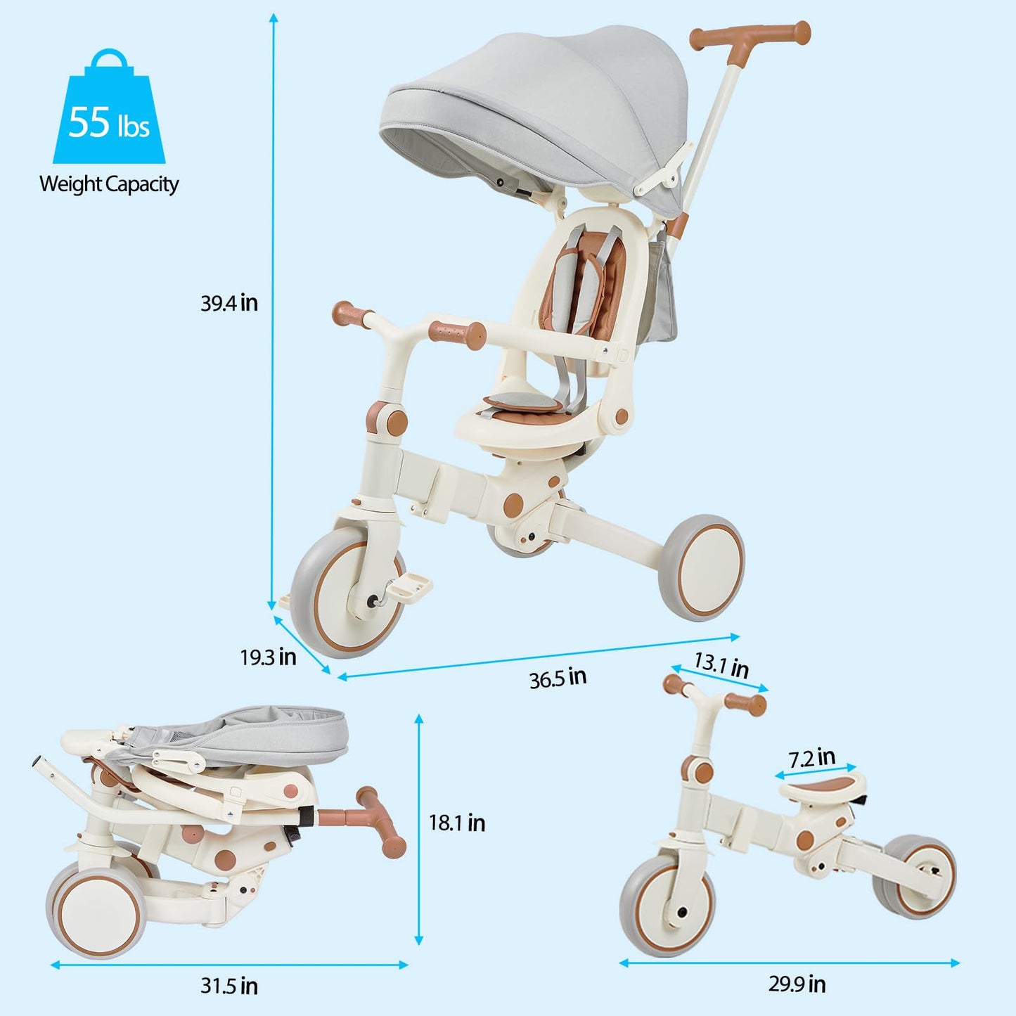 Garvee 7 in 1 Baby Tricycle, Foldable Toddler Tricycle with Removable and Adjustable Parent Handle, Toddler Push Bike with Removable Pedal, Canopy, and Guardrail, Tricycle for 12-72 Months(Brown)