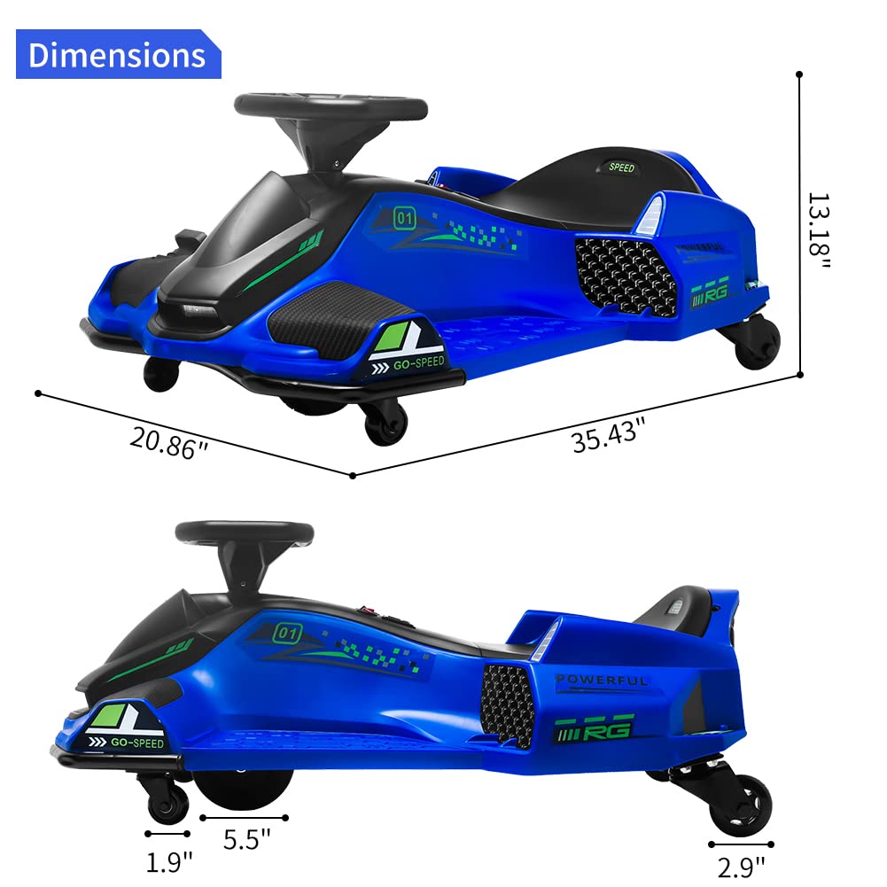 Garvee Ride - P Series: 12V Kids Drift Car: 45W Motor, 5 MPH, Music, LED, USB, Low-Power Alarm, 110lb Max - Blue