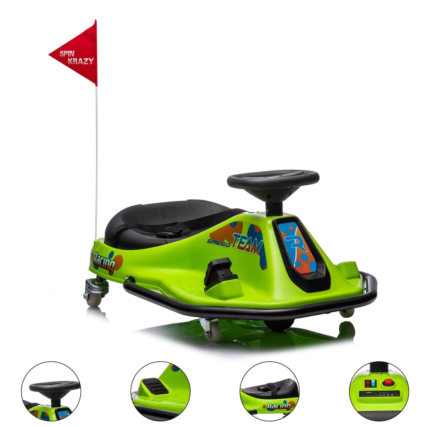 Garvee Ride - P Series: 360 Degrees Rotating Ride On Drift Car,Electric Drifting Go Kart,24V Ride On Race Car,Variable Speed for Kids,Simplified Drift System,Flashing Lights, Flag, Music - Green