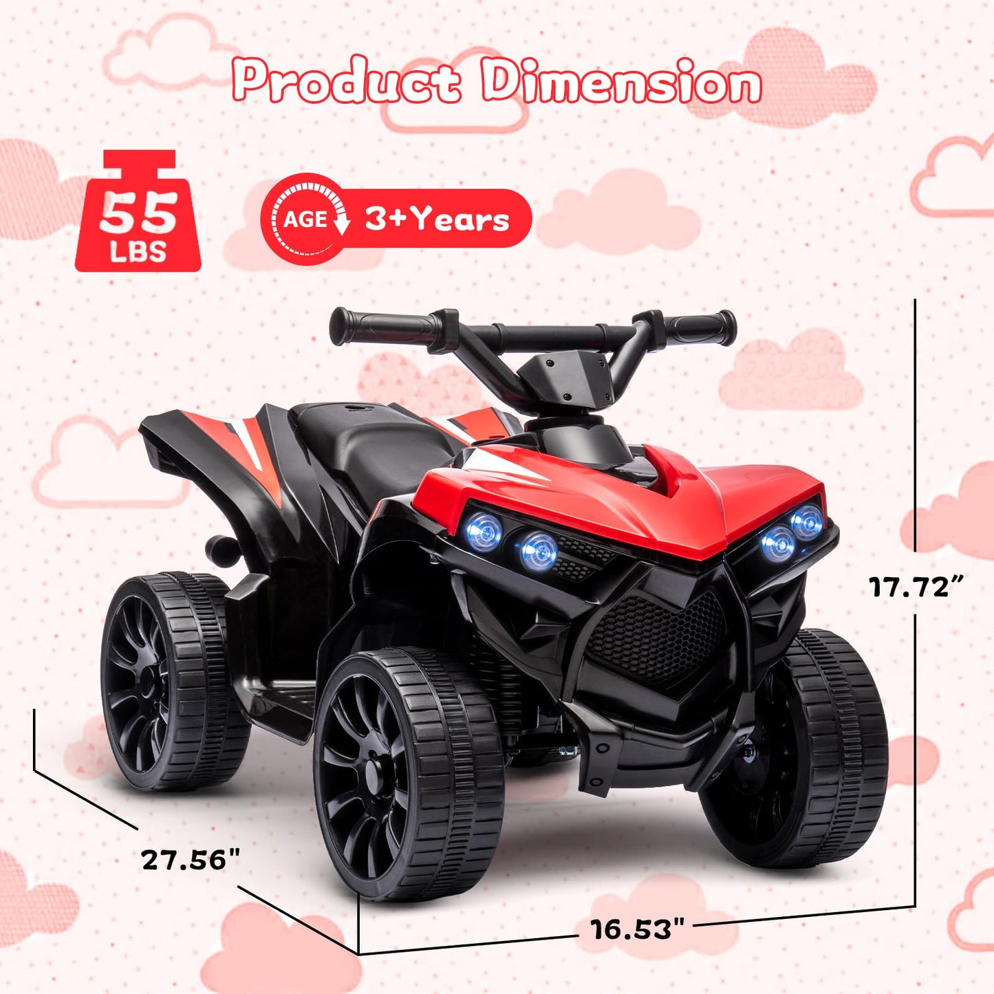 Garvee Ride - P Series: 6V Quad ATV for Kids Toddler 3+ years, Max 55lb Capacity ,With LED, Music, Foot Pedal, Wear-Resistant Wheels, 1.9 MPH - Red