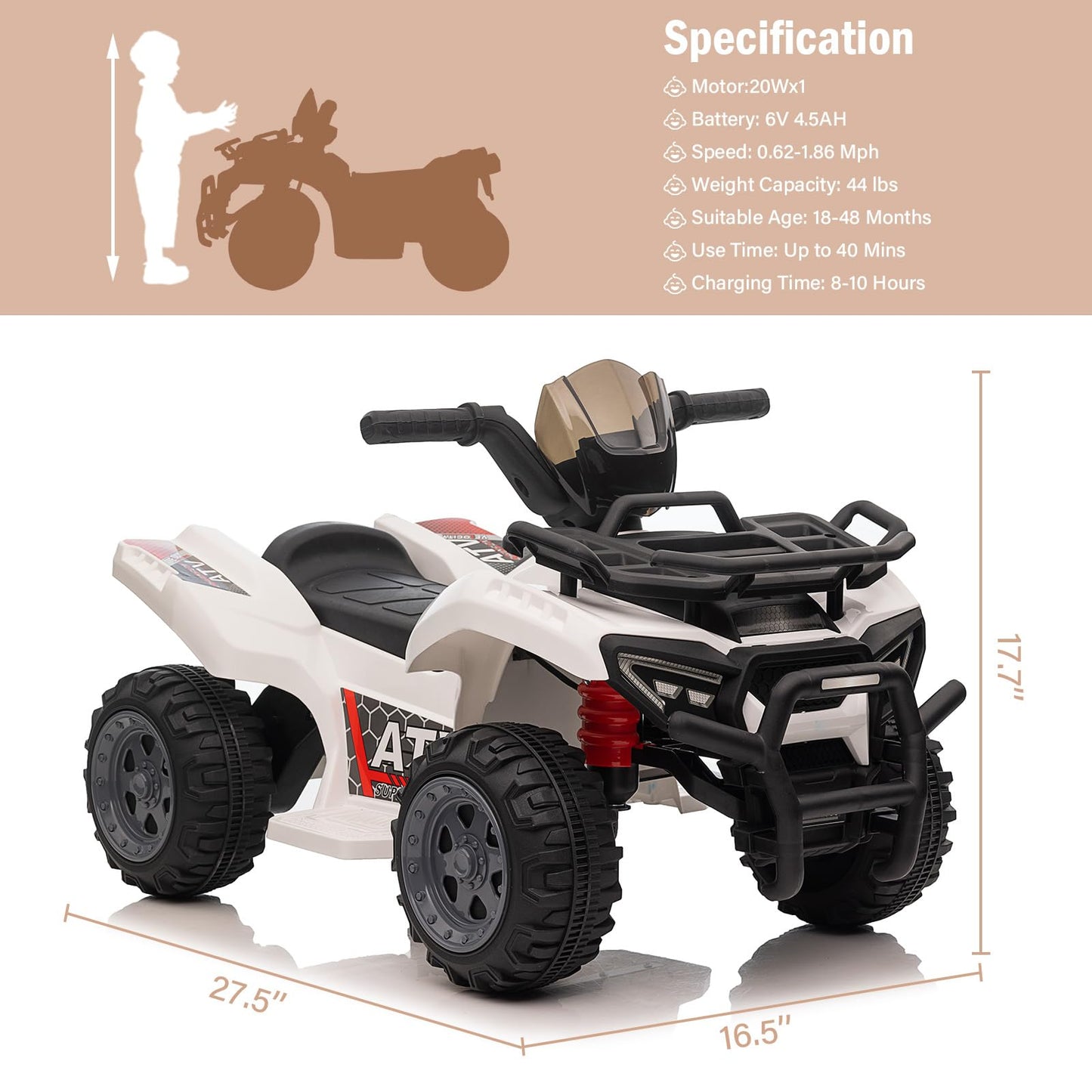 Garvee Kids ATV 4 Wheeler 6V Ride On Toy Car for Toddlers 18-48 Months White with Music, Wear-Resistant Wheels, 27.5"x16.5"x17.7"