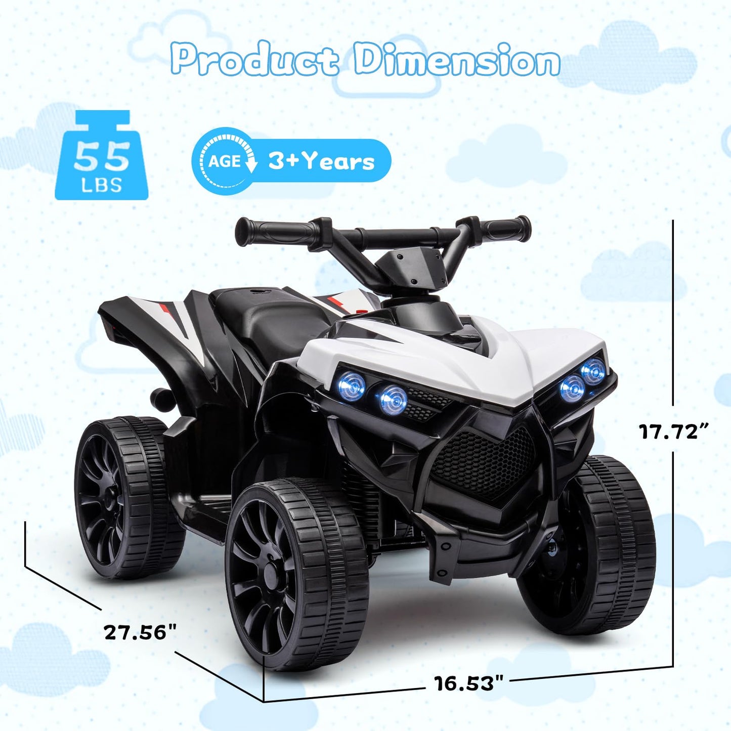 Garvee Ride - P Series: 6V Quad ATV for Kids Toddler 3+ years, Max 55lb Capacity, With LED, Music, Foot Pedal, Wear-Resistant Wheels, 1.9 MPH - White