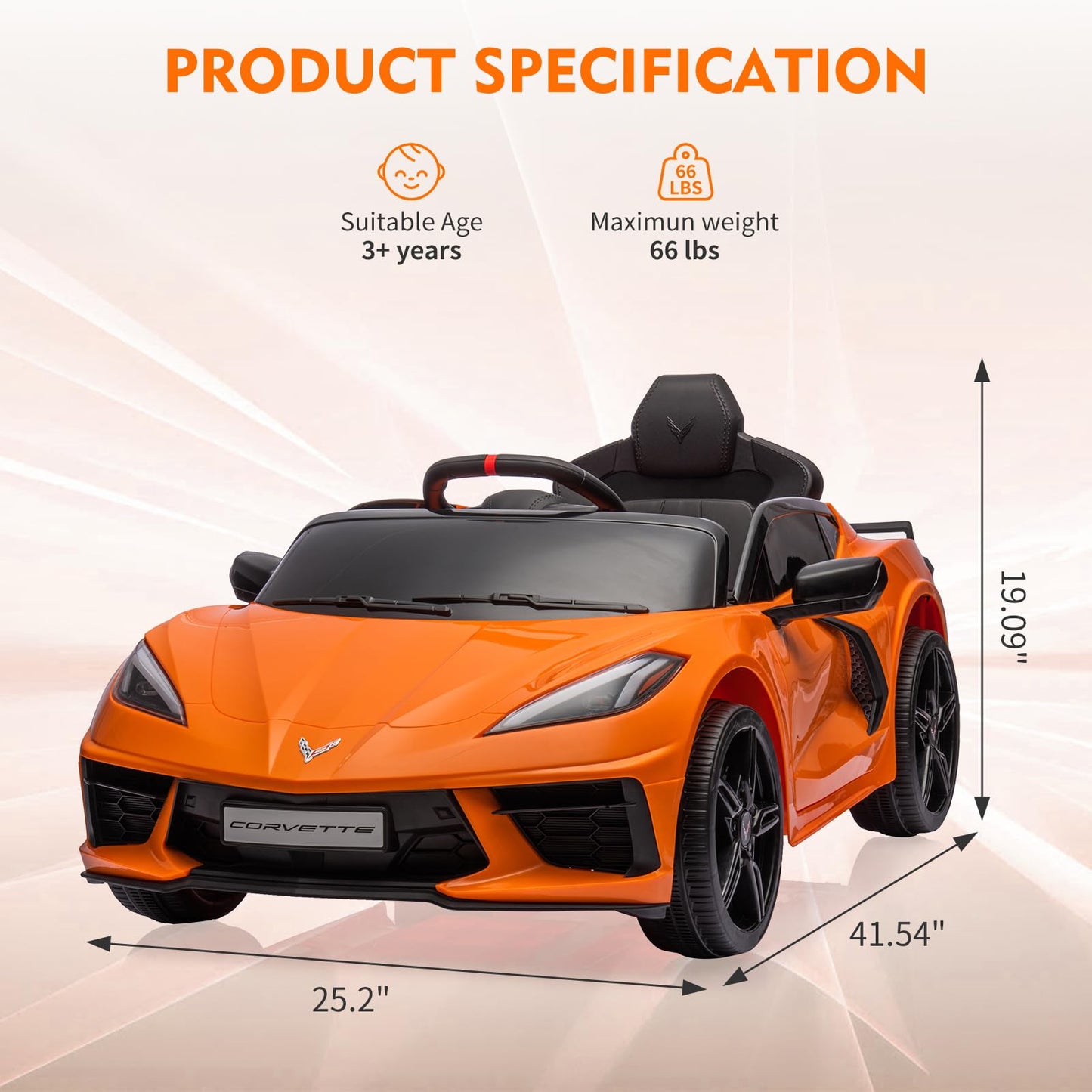 Garvee Ride - P Series: 12V Kids Ride on Car Licensed Corvette Battery Powered Car Toddles Electric Sports Car Toy with Remote Control, Visual Dashboard, LED Lights, Music, Gifts for Boys Girls, Orange