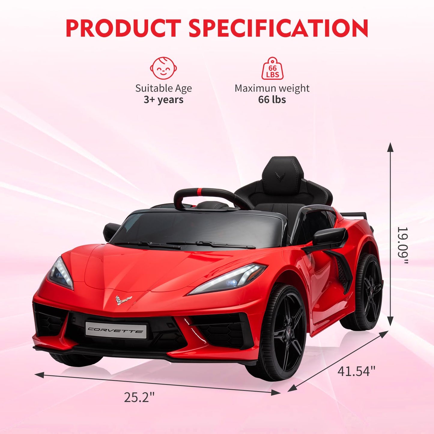 Garvee Ride - P Series: 12V Kids Ride on Car Licensed Corvette Battery Powered Car Toddles Electric Sports Car Toy with Remote Control, Visual Dashboard, LED Lights, Music, Gifts for Boys Girls, Red