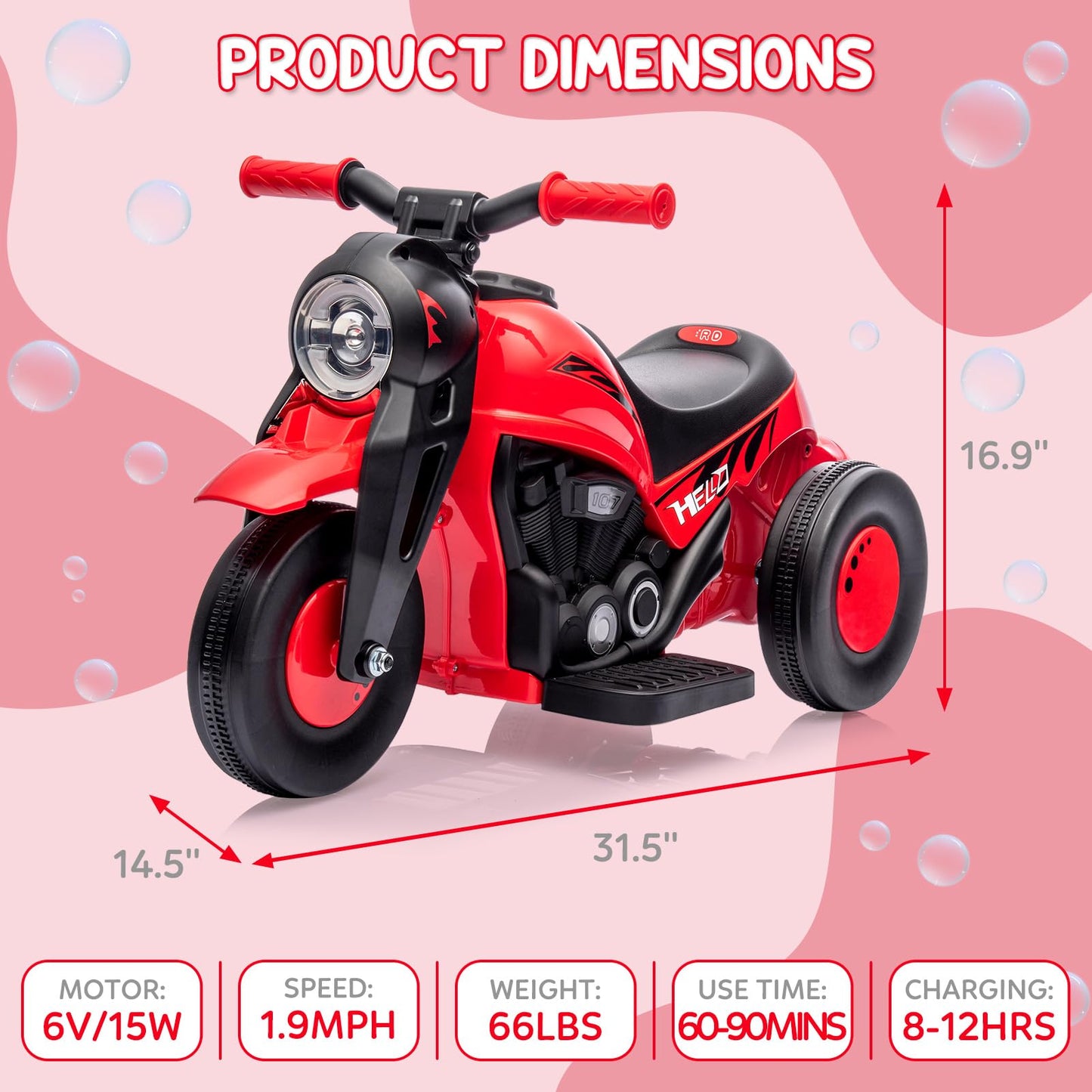 Garvee Ride - P Series: 6V Battery-Powered Electric Motorcycle with 1.9 Mph Speed, Led Headlights, Music, Pedal, Forward/Reverse, 3 Wheels | Motorbike Toy Gift for Toddlers 3 and Up - Red