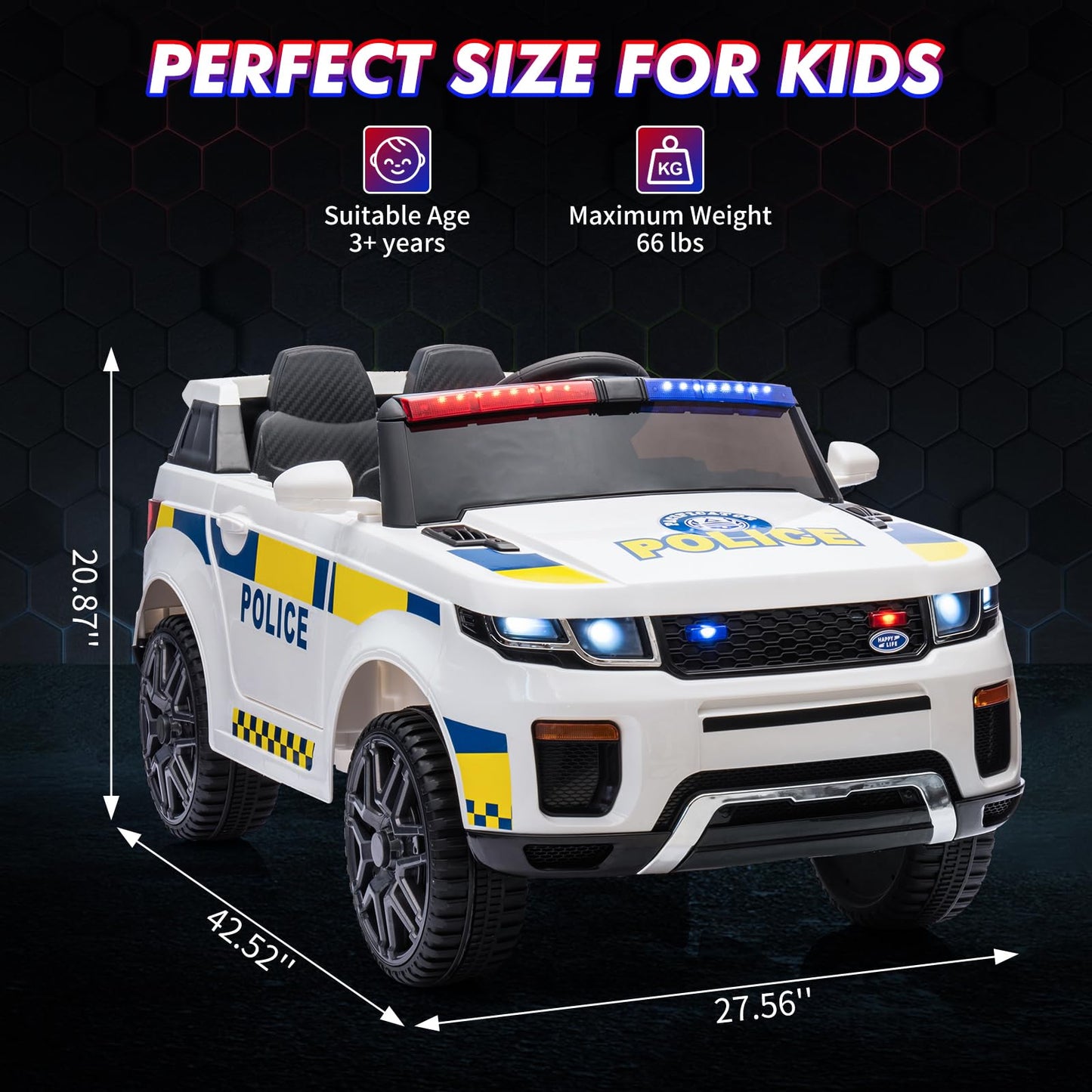 Garvee Ride - P Series: 12V Kids Ride On Police Car SUV Battery Operated Ride On Toy Toddlers Electric Cars with 2.4G Remote Control, LED Flashing Light, Megaphone, Spring Suspension, Handle, Music, White