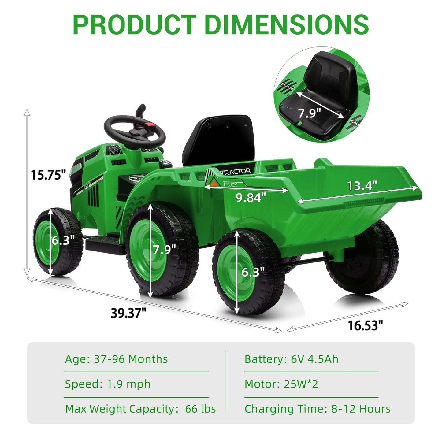Garvee Ride - P Series: Kids Ride on Tractor with Trailer, Kids’ Electric Vehicles with Wear-Resistant Wheels, LED Headlights, Music & USB Port, Kids Ride on Car Toys for Toddlers Kids, Green