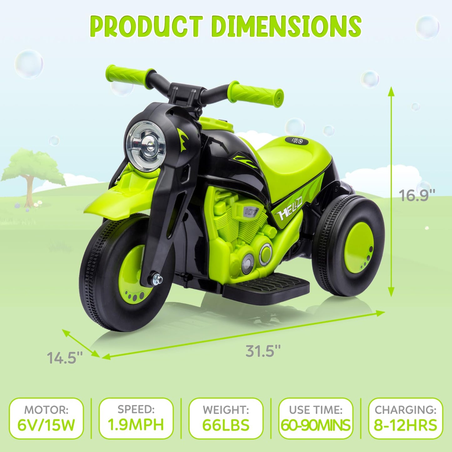 Garvee Ride - P Series: 6V Battery-Powered Electric Motorcycle with 1.9 Mph Speed, Led Headlights, Music, Pedal, Forward/Reverse, 3 Wheels | Motorbike Toy Gift for Toddlers 3 and Up - Green