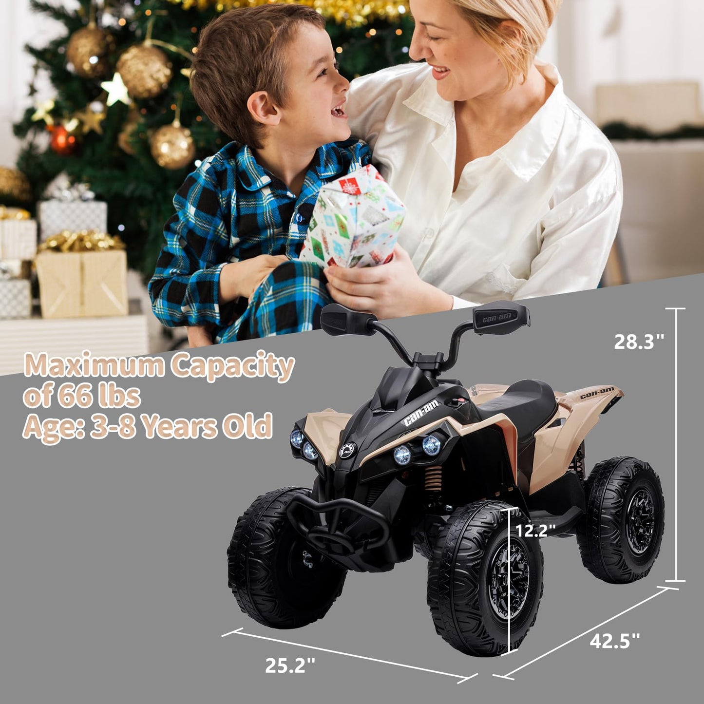 Garvee Ride - P Series: 12V Ride on Toy Car Bombardier Licensed BRP Can-am 4 Wheeler Quad Electric Vehicle, w/LED Lights, Spring Suspension, Bluetooth, Music, USB, Treaded Tires, White - Khaki