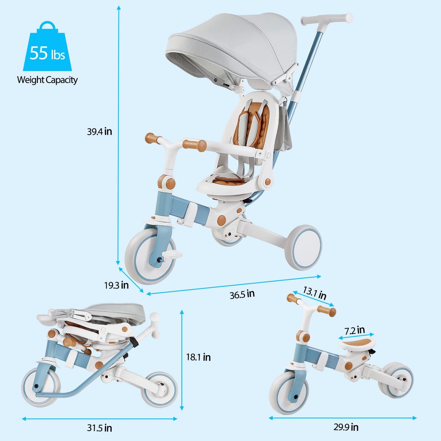 Garvee 7 in 1 Baby Tricycle, Foldable Toddler Tricycle with Removable and Adjustable Parent Handle, Toddler Push Bike with Removable Pedal, Canopy, and Guardrail, Tricycle for 12-72 Months(White)