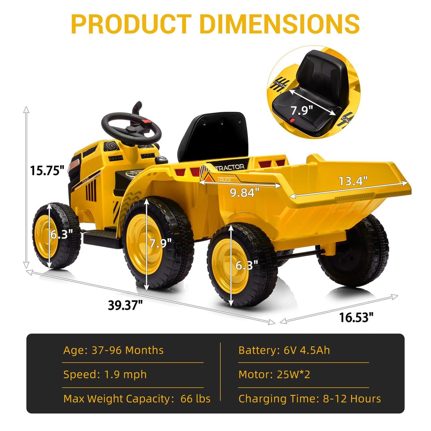 Garvee Ride - P Series: Kids Ride on Tractor with Trailer, Kids’ Electric Vehicles with Wear-Resistant Wheels, LED Headlights, Music & USB Port, Kids Ride on Car Toys for Toddlers Kids, Yellow