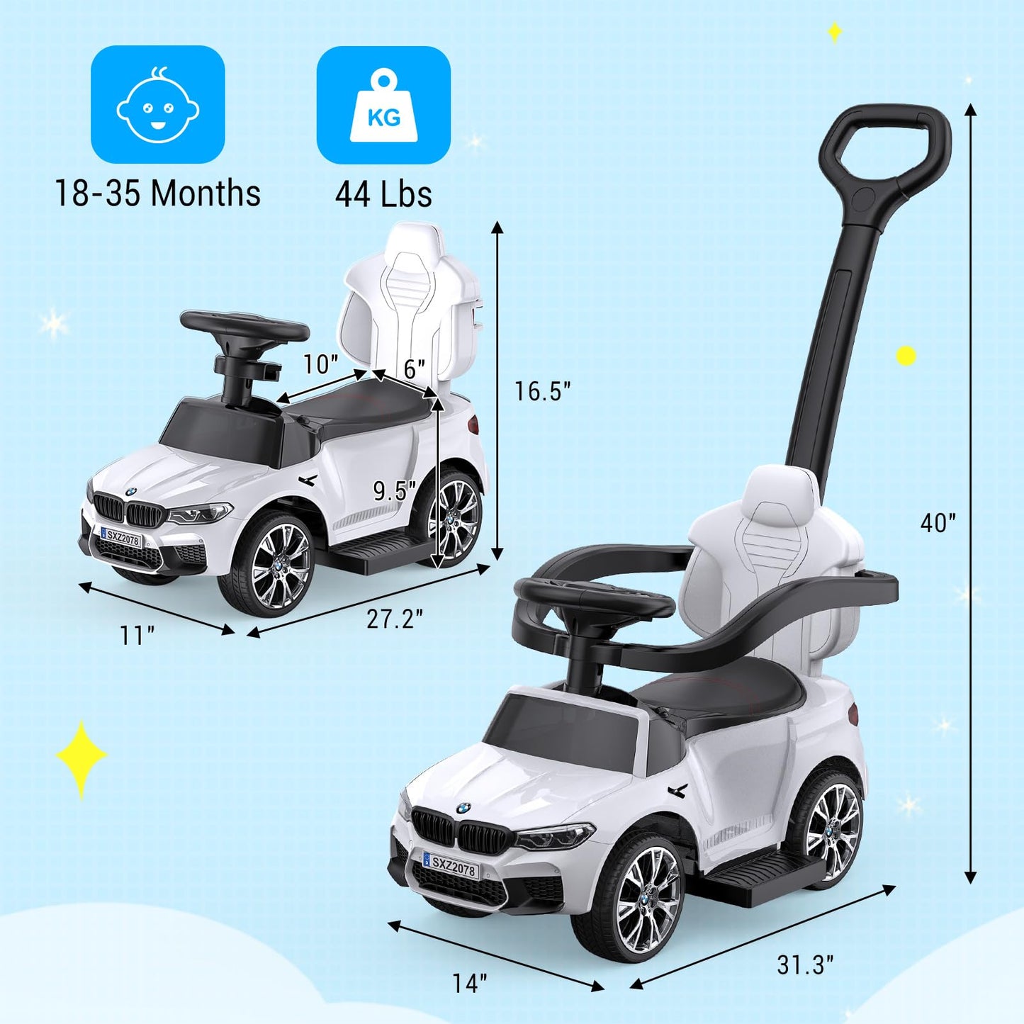 Garvee Ride - P Series: 4-in-1 Push Cars for Toddlers 1-3 with Led Lights, Music, Horn and Controllable Push Handle - White