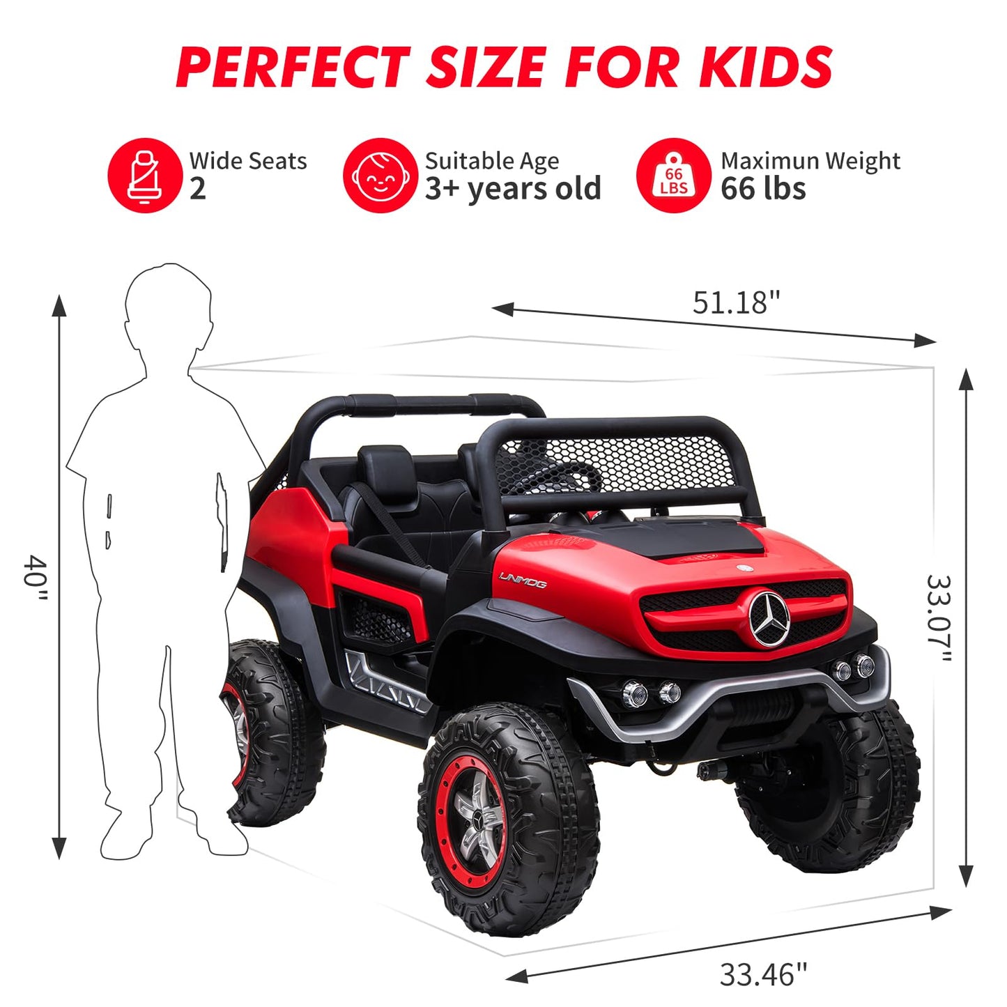 Garvee Ride - P Series: 2 Seater Kids Ride On Truck 24V Ride On Toy Licensed Mercedes Benz Battery Powered Electric Vehicle for Toddles with Remote Control, Battery Display, Trunk, Spring Suspension, LED Lights, Music, Red