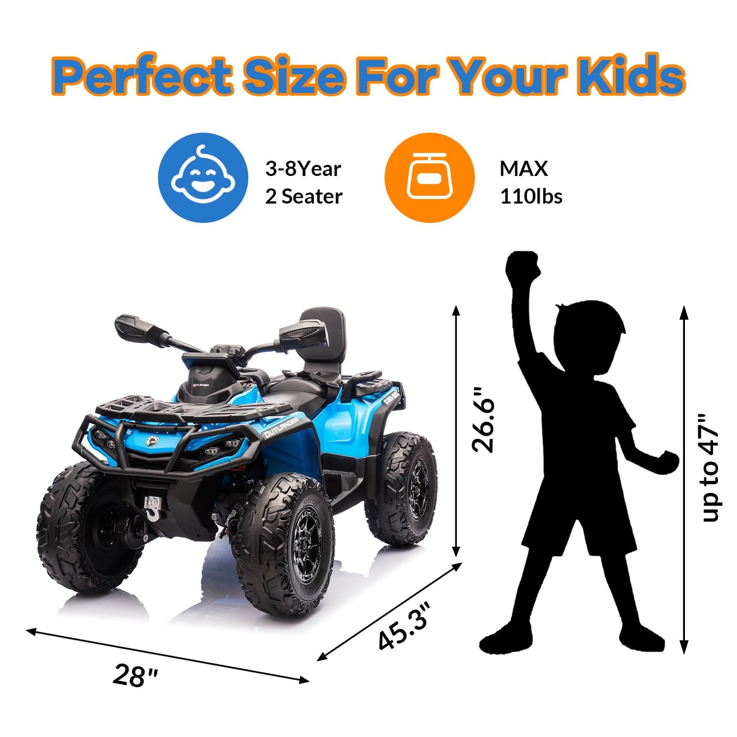 Garvee Ride - P Series: 12V Kids Ride On Electric Quad ATV, 2 Leather Seater ATV Car for Kids, 27V Kids Ride On Toys with LED Headlights, Bluetooth & Music, Adjusted Speeds 2-4 MPH, Ride On Toys for Kids 3-8,Blue