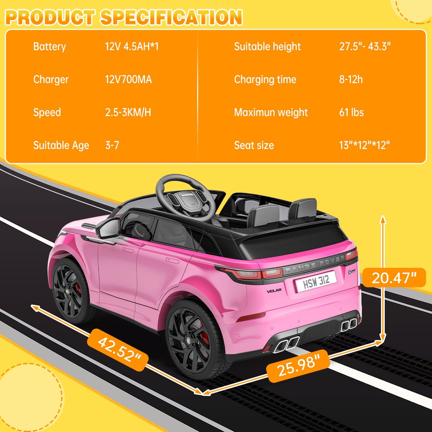 Garvee Ride - P Series: 3-8, 12V Licensed Land Rover Ride Electric Car for Kids with Parent Remote Control, MP3 Player, Rocking, Pull Rod - Pink