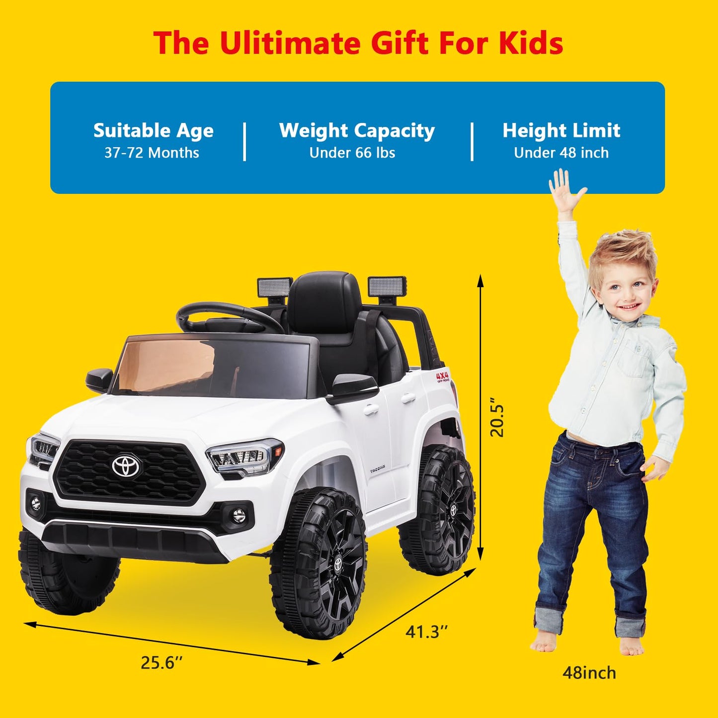 Garvee Ride - P Series: 12V Toyota Tacoma Kids Car, Spring Suspension, with LED Light - White