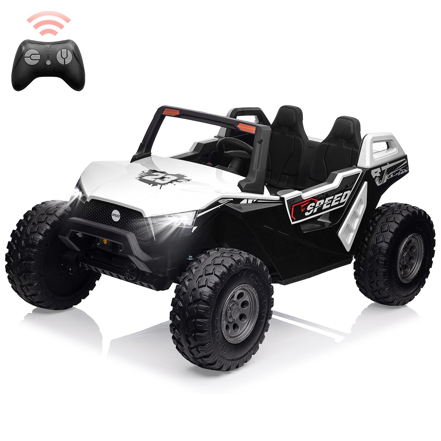 Garvee Ride - P Series: 24V 2-Seater Ride-On UTV: Remote Control, 4WD Motors, 21" Seats + Foldable Seat, 15.4" EVA Wheels, Music, LED Lights, 140lb Max Load - White