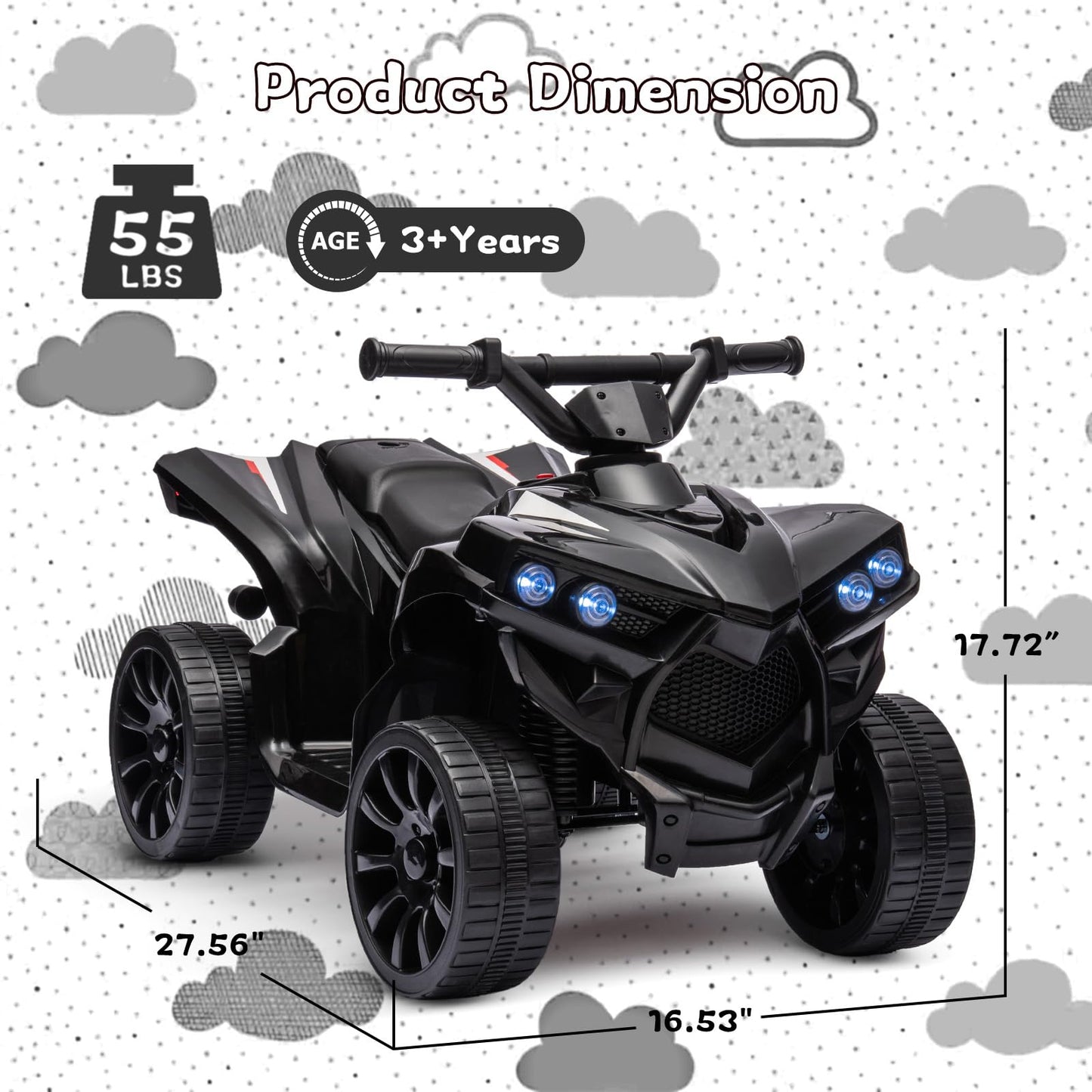 Garvee Ride - P Series: 6V Quad ATV for Kids Toddler 3+ years, Max 55lb Capacity ,With LED, Music, Foot Pedal, Wear-Resistant Wheels, 1.9 MPH - Black