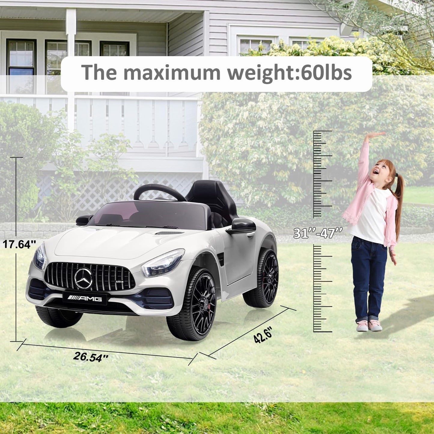 Garvee Ride Car for Kids, 12V Power Battery Electric Vehicles for 3-7 Toddlers, Licensed Mercedes-Benz with Remote Control, MP3 Player - White