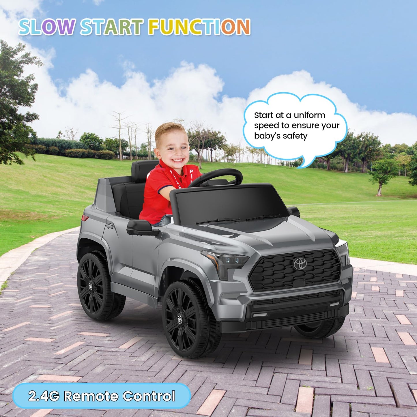 Garvee Ride on Truck Car, 12V Licensed Toyota Electric Cars for Kids, Ride on Toys with Remote Control, Spring Suspension, LED Lights, Bluetooth, 3 Speeds - Grey