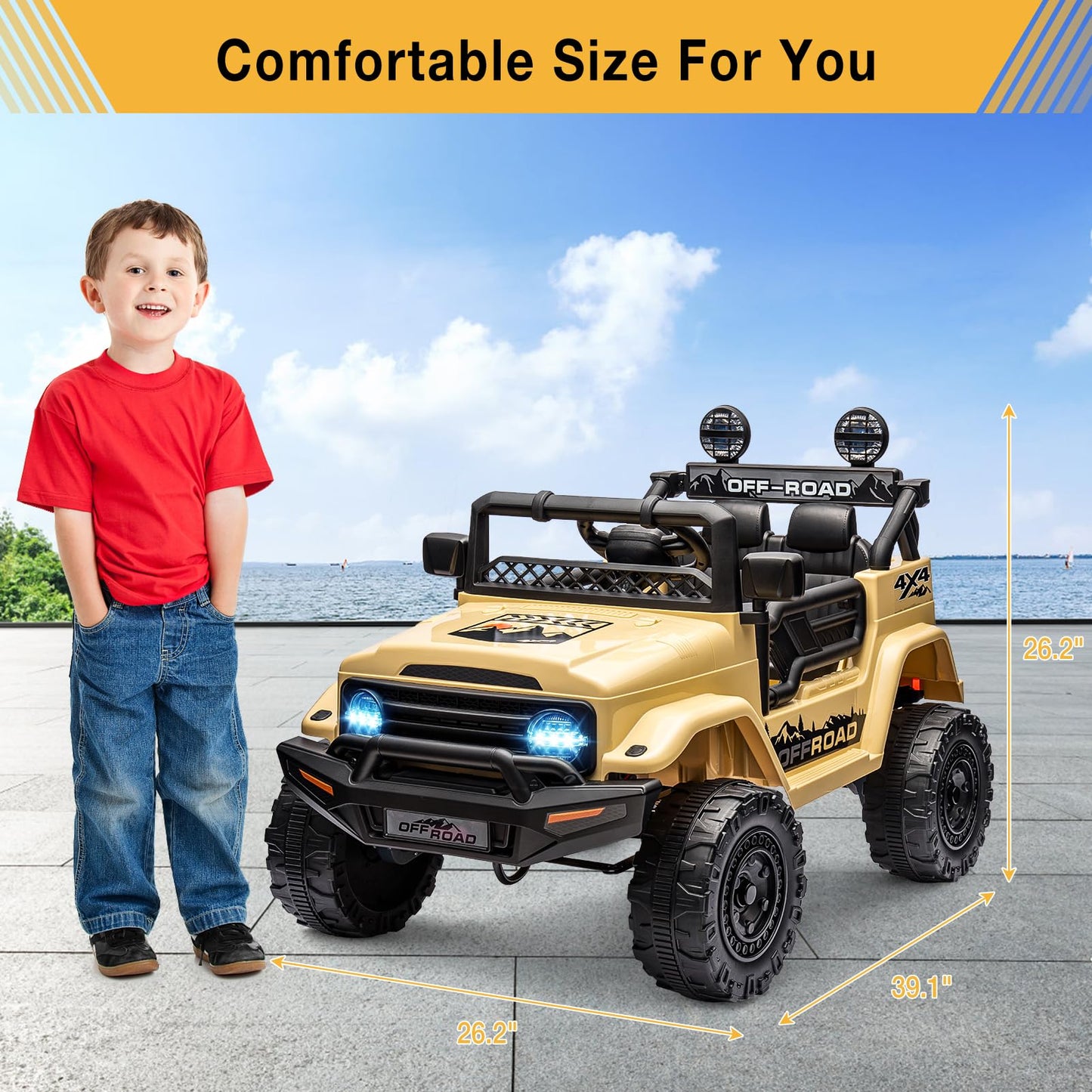 Garvee Ride - P Series: 12V Power Wheel Electric Car for Kids, Ride on Toys with Led Lights Bluetooth, 3 Speeds, Spring Suspension - Yellow
