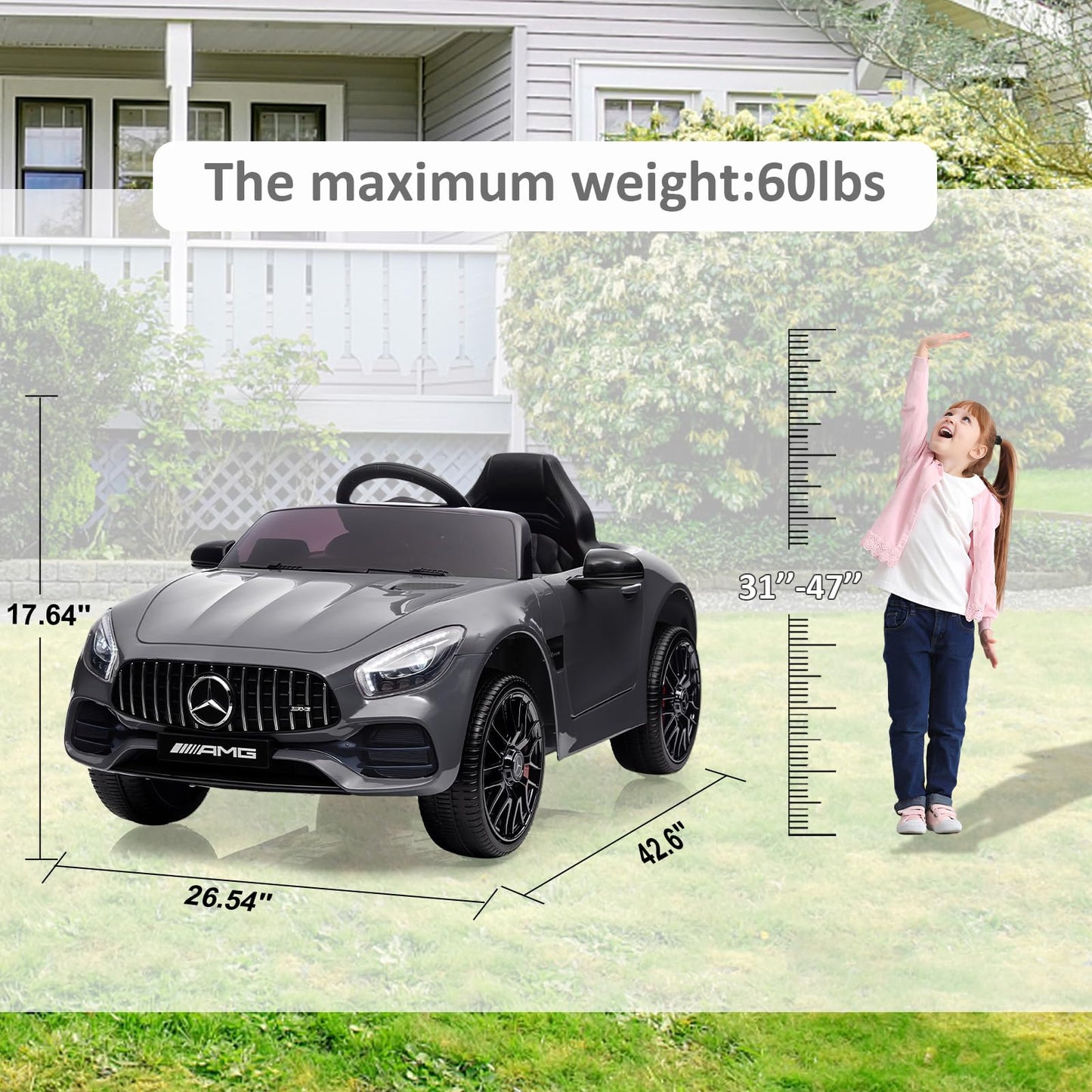 Garvee Ride Car for Kids, 12V Power Battery Electric Vehicles for 3-7 Toddlers, Licensed Mercedes-Benz with Remote Control, MP3 Player - Grey