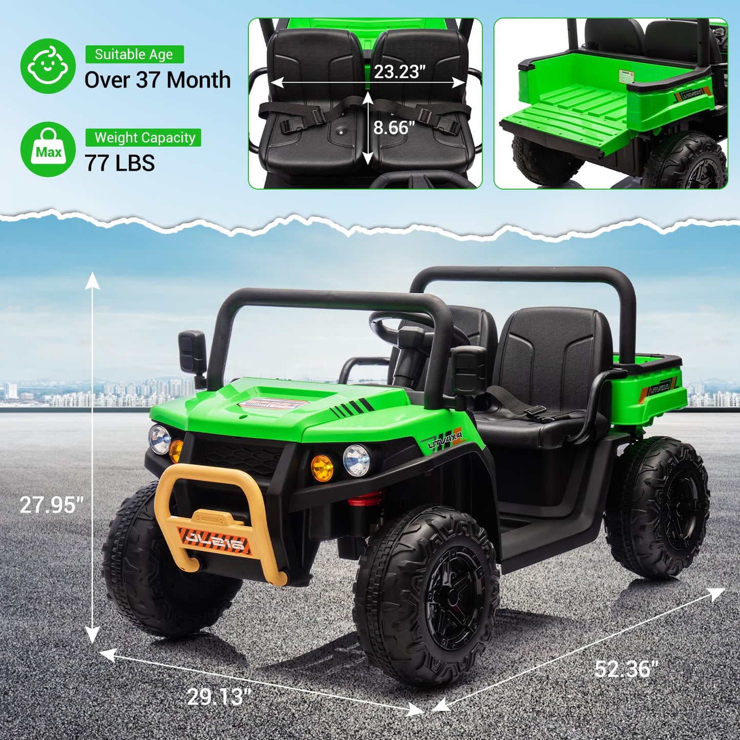 Garvee Ride - P Series: 24v Ride On Dump Truck, 2 Seater Electric Ride On Car Toy for Kids, Battery Powered UTV with 4x35W Motors, Shovel, Bluetooth, Remote Control, Music, LED Lights for Boys & Girls - Green