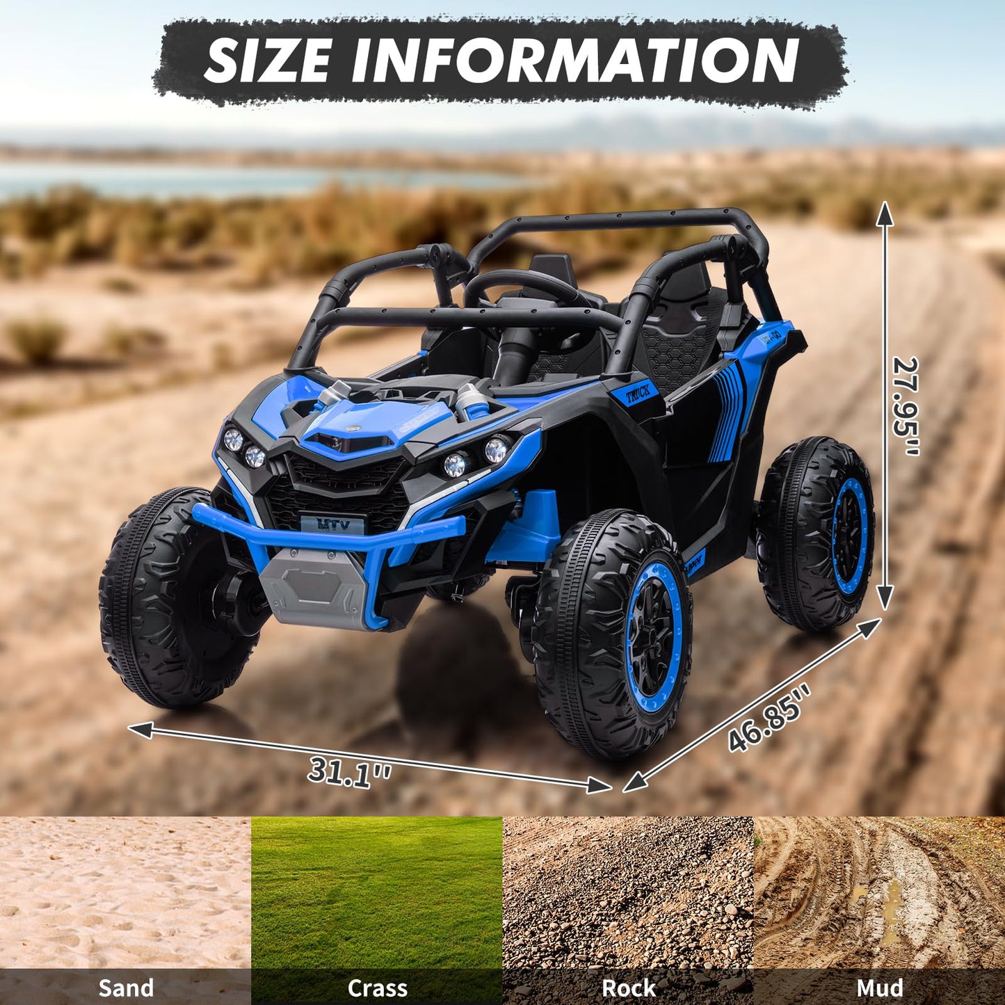 Garvee Ride - P Series: 24V Ride On Utv For Kids,2 Seater 4WD Electric Truck With Remote Control, High And Low Speed Adjustment, Led Lights, 4 Shock Absorbersm,One Click Start, Music Player(Blue)