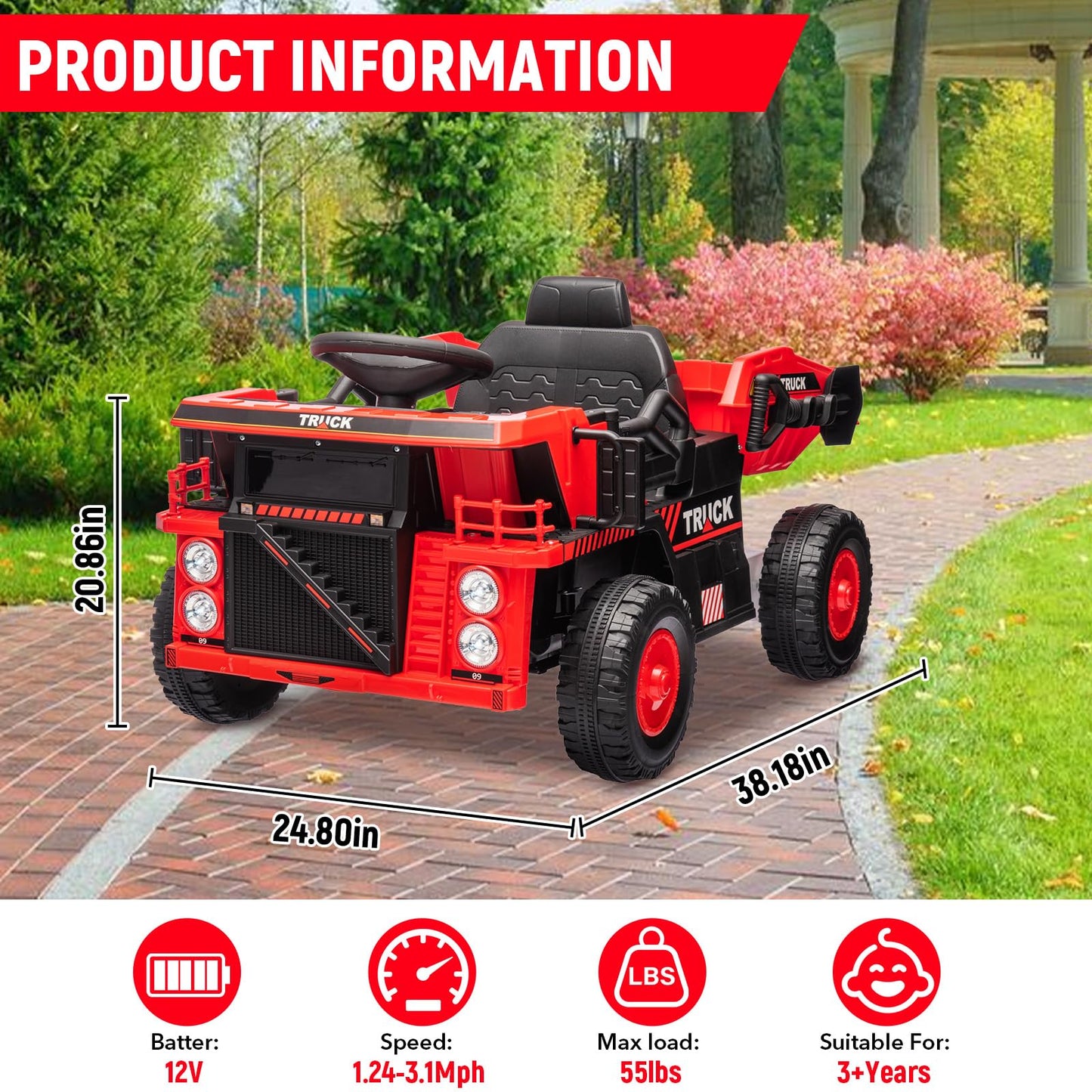 Garvee Ride - P Series: 12V Ride On Construction Vehicle for Kids With Remote Control, Electric Dump Bed,Shovel,Music Player, and Four Wheel Shock Absorption for Kids 3+(Red)