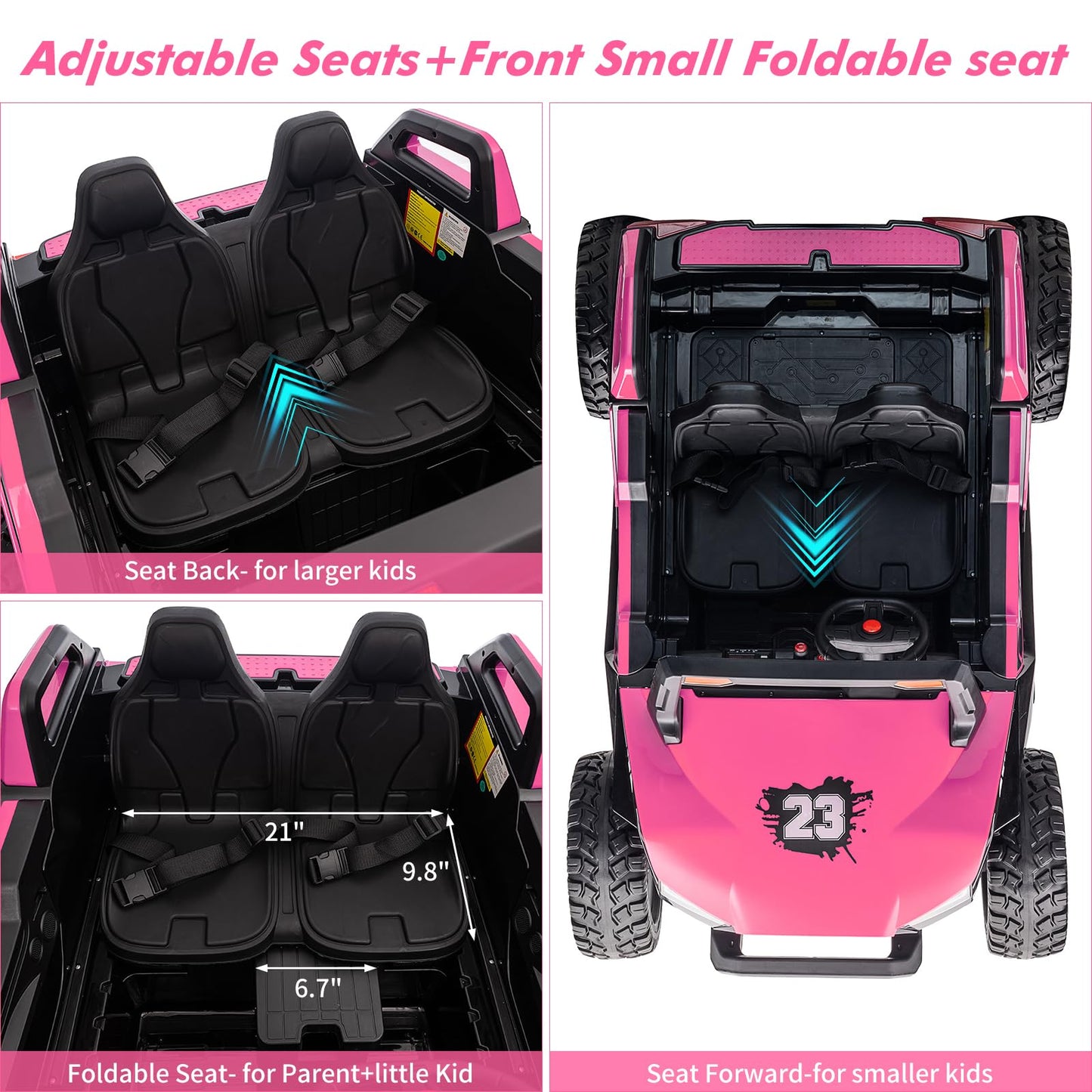 Garvee Ride - P Series: 24V 2-Seater Ride-On UTV: Remote Control, 4WD Motors, 21" Seats + Foldable Seat, 15.4" EVA Wheels, Music, LED Lights, 140lb Max Load - Pink