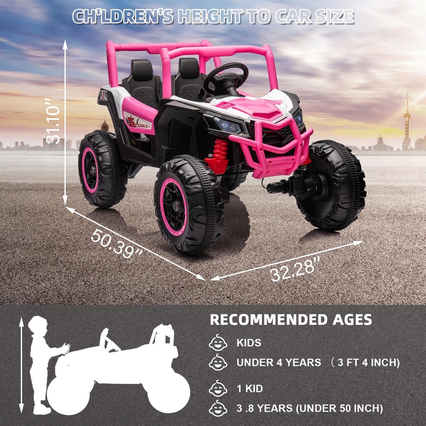 Garvee Ride - P Series: 2 Seater Ride on Car,12V Battery Powered Off-Road UTV Toy,Electric Car with Remote Control,Metal Frame,EVA Wheels,LED,Spring Suspension for 3-8 Boys&Girls - Pink