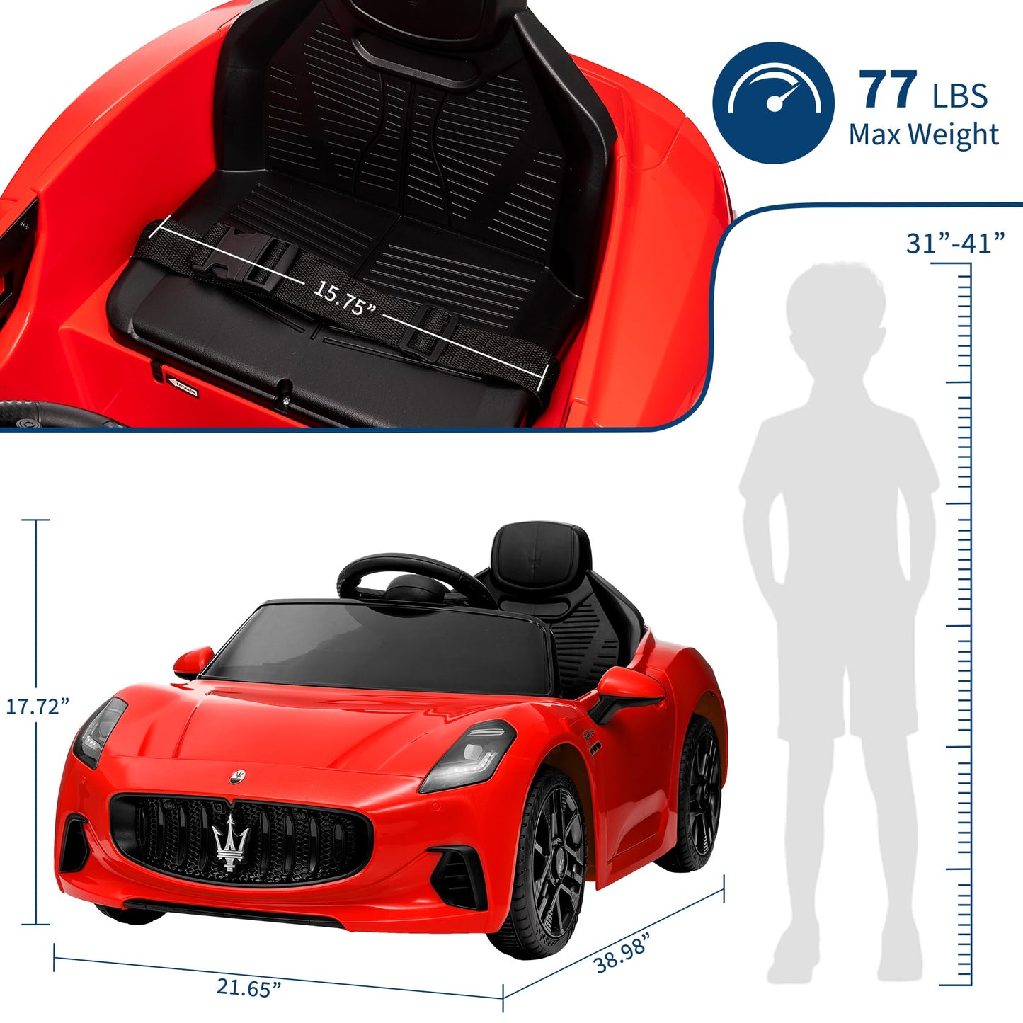 Garvee Ride - P Series: 12V Battery Powered Motorized Car for Kids with Remote Control, Spring Suspension, Double Doors, Bright Lights, 4 Wheel Electric Vehicle, Red