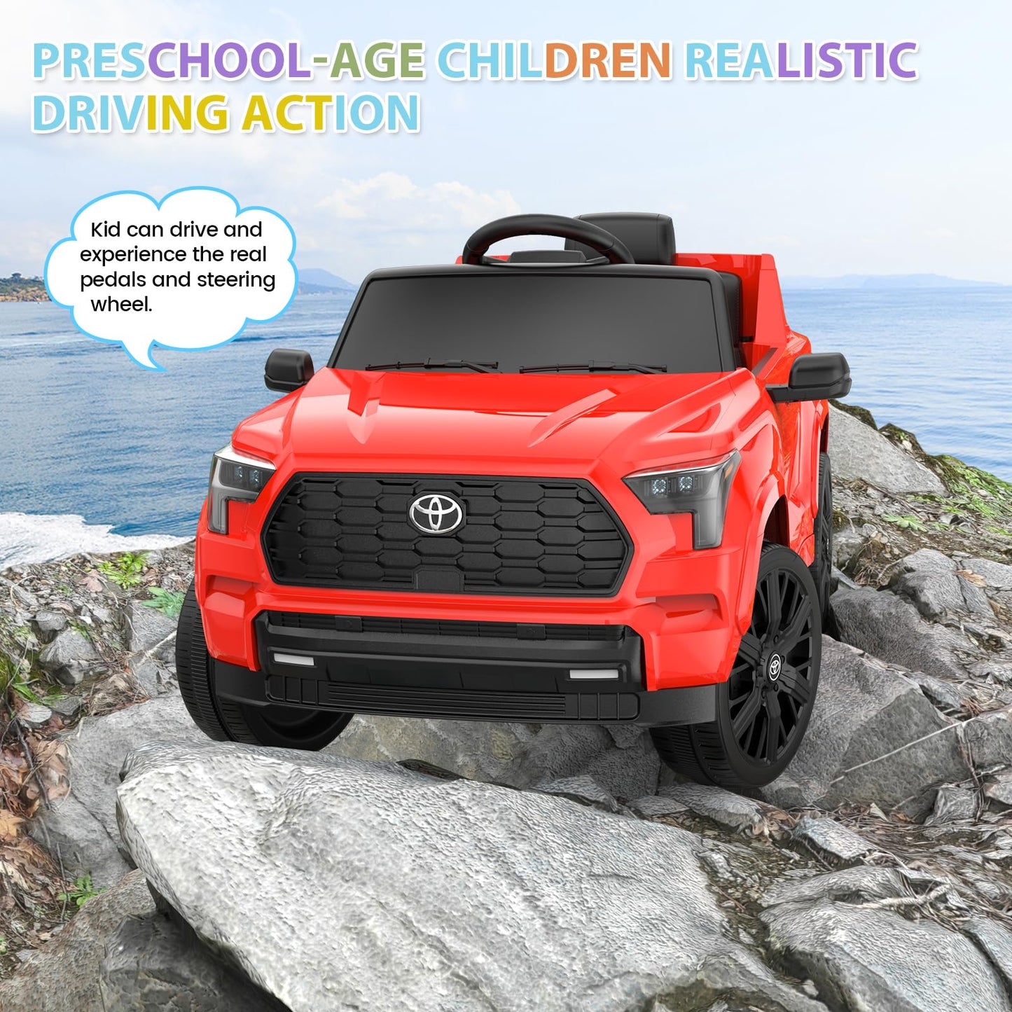Garvee Ride on Truck Car, 12V Licensed Toyota Electric Cars for Kids, Ride on Toys with Remote Control, Spring Suspension, LED Lights, Bluetooth, 3 Speeds - Red