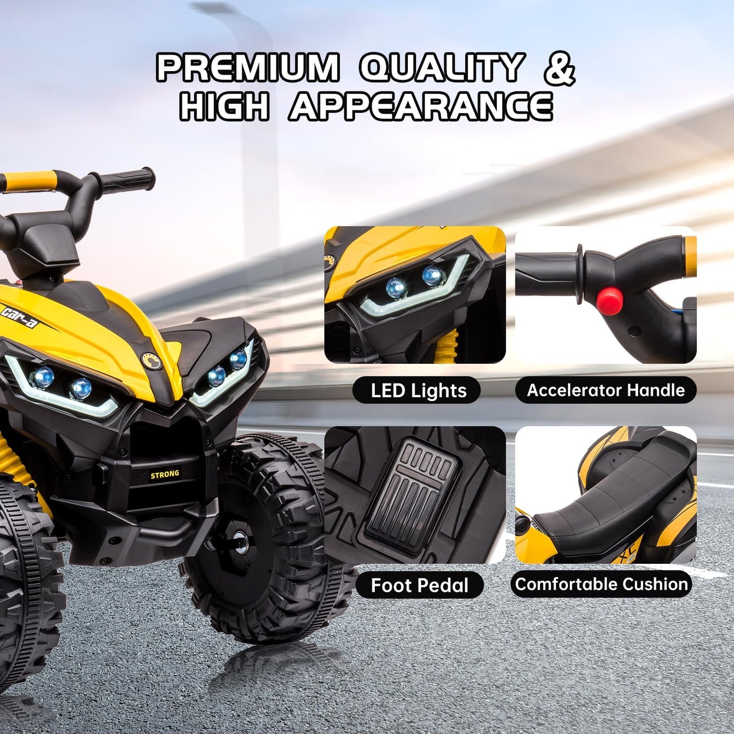 Garvee Ride - P Series: 12V Kids Quad ATV 4 Wheeler with Music, LED Lights for Boys & Girls - Yellow