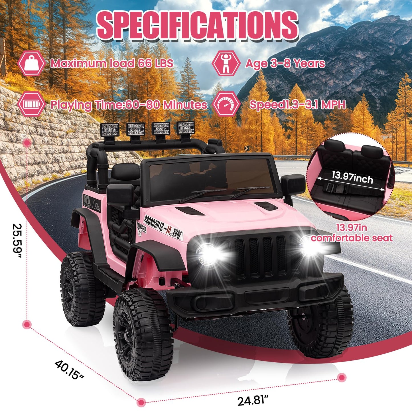 Garvee Ride - P Series: 12V Kids Electric Vehicles with Remote Control, 2 Speeds, Spring Suspension, LED Headlight, Bluetooth, Music, Battery Powered Car for Kids - Pink