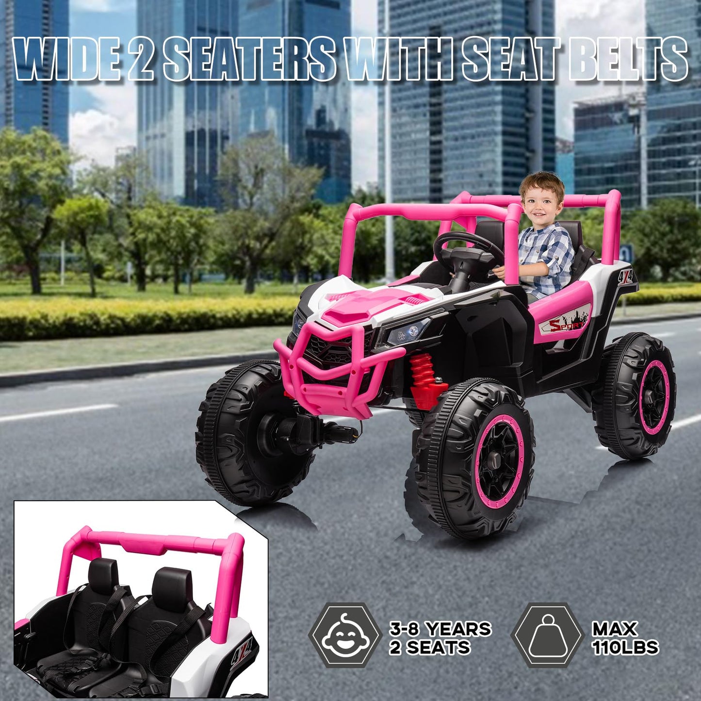 Garvee Ride - P Series: 24V 2-Seater Ride-On UTV: 4WD, Remote Control, Metal Frame, EVA Wheels, LED Lights, Spring Suspension, for Ages 3+ - Pink
