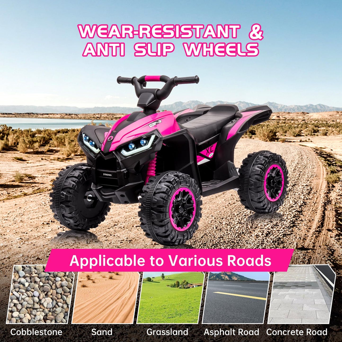 Garvee Ride - P Series: 12V Kids Quad ATV 4 Wheeler with Music, LED Lights for Boys & Girls - Pink