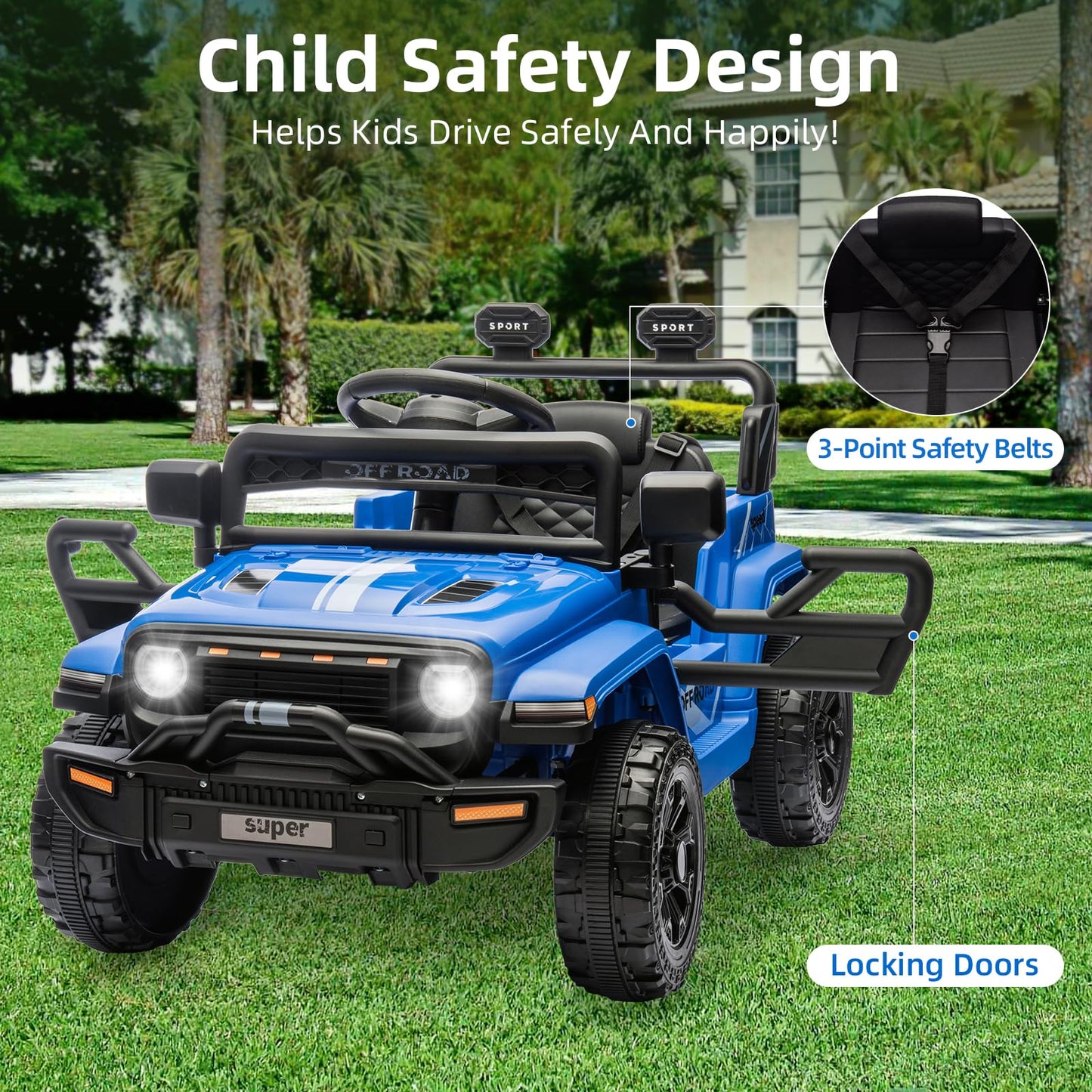 Garvee Ride - P Series: 12V Ride On Toy w/Parent Remote Control, Steering Wheel Music, 4-Wheel Spring Suspension, Led Lights, 2 Speeds, Kids Electric Vehicles for Age 3-5, Blue