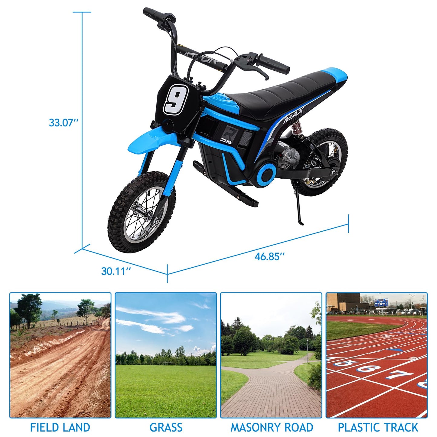 Garvee Ride - T Series: 24V-10A 350W Ride On Electric Dirt Bike For Kids Ages 13+, 14.29MPH, 3-Speed - Blue-9