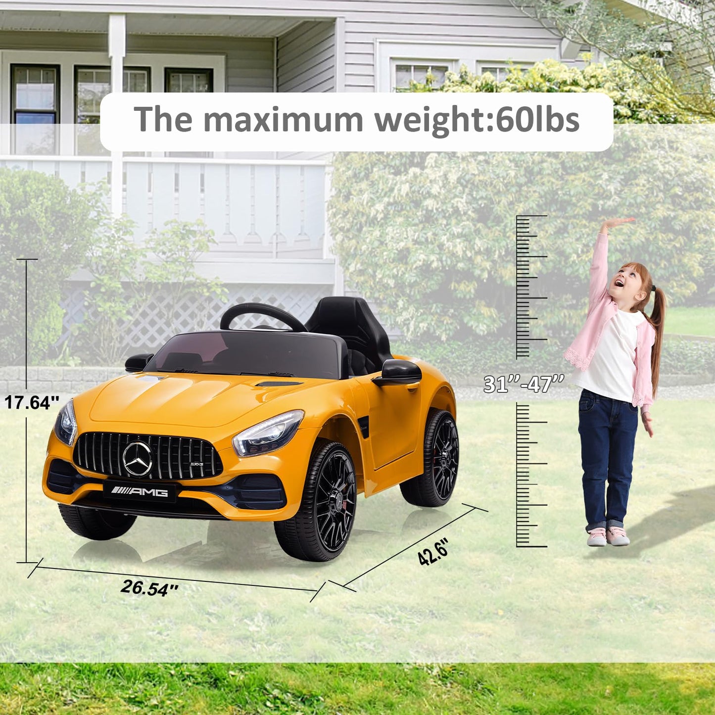 Garvee Ride Car for Kids, 12V Power Battery Electric Vehicles for 3-7 Toddlers, Licensed Mercedes-Benz with Remote Control, MP3 Player - Yellow