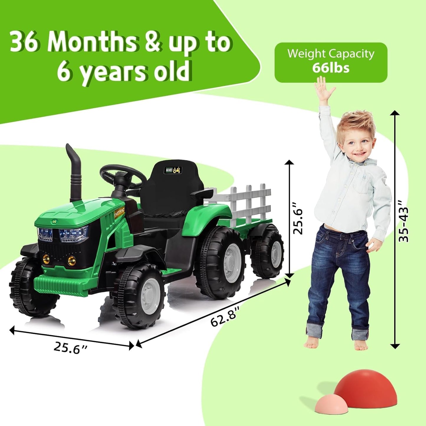 Garvee Ride - P Series: 12V Ride On Car with Trailer, Battery Powered Electric Vehicle Toy 35W Dual Motor, Led Lights, Horn, Music USB, Safety Belt, Green